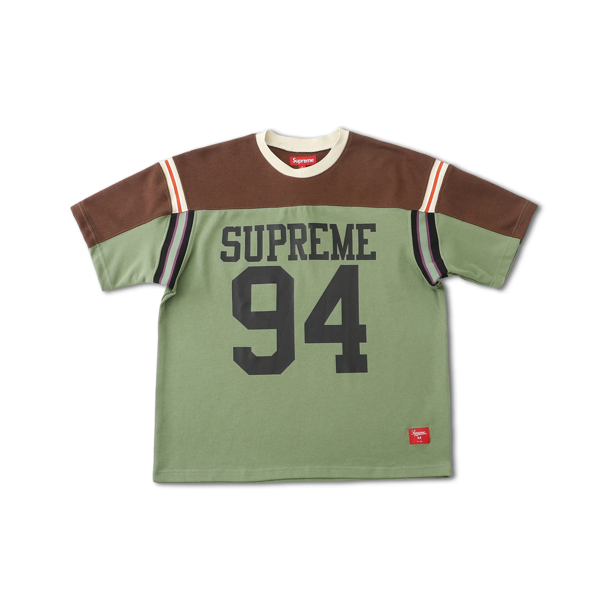 S626💰p220 Supreme SS25 WEEK8 Split S/S Football Top patchwork pattern ribbed round neck short-sleeved American trendy football jersey for men and women. Original purchase and development! The color matching thread is customized at 1:1, and the accessories and details are all in place!  Color: Black Green Size: S M L