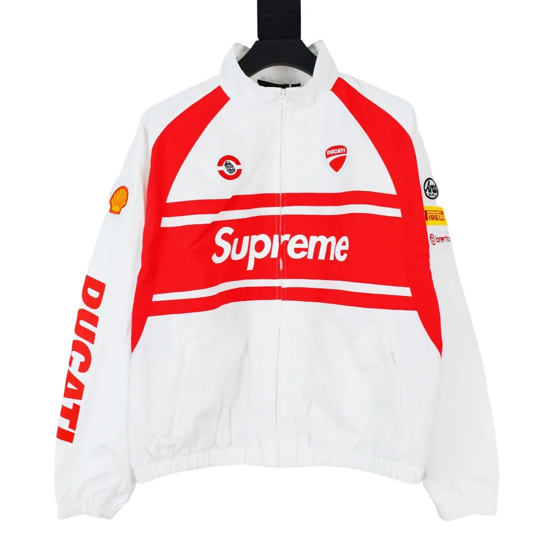 S552💰p570 Supreme 24ss Ducati Ducati co-branded Track Jacket racing uniform school uniform jacket - Color: Black White - Size: S M L XL Customized full set of accessories/YKK metal zipper/Customized hardware/Three standards