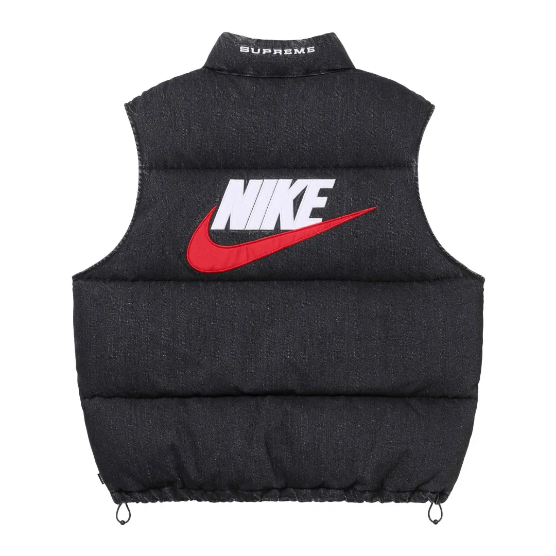 S704💰p566 The top version of Supreme Denim PUFFER VEST Nike co-branded denim vest. The original version has the same denim fabric texture and is windproof. The upper body is full of texture. The hardware accessories are No. 5 + No. 3 YKK zippers, which are consistent with the original version. Color: black blue Size: S~XL