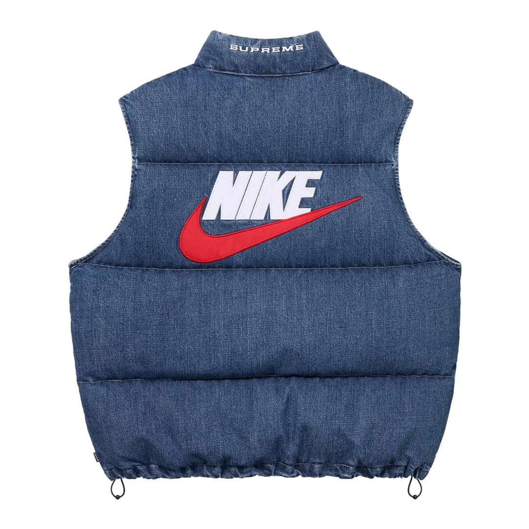 S704💰p566 The top version of Supreme Denim PUFFER VEST Nike co-branded denim vest. The original version has the same denim fabric texture and is windproof. The upper body is full of texture. The hardware accessories are No. 5 + No. 3 YKK zippers, which are consistent with the original version. Color: black blue Size: S~XL