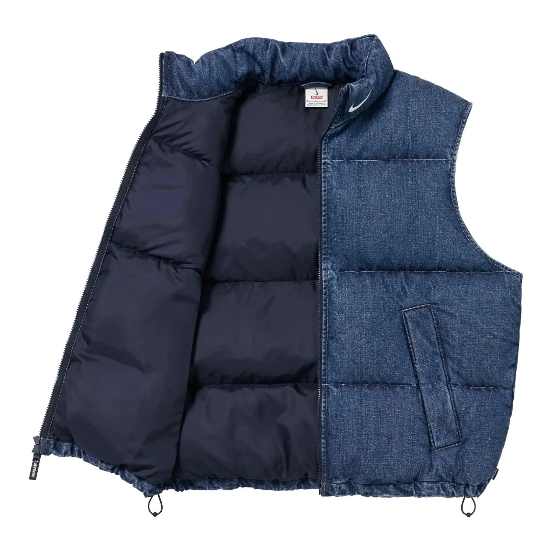 S704💰p566 The top version of Supreme Denim PUFFER VEST Nike co-branded denim vest. The original version has the same denim fabric texture and is windproof. The upper body is full of texture. The hardware accessories are No. 5 + No. 3 YKK zippers, which are consistent with the original version. Color: black blue Size: S~XL