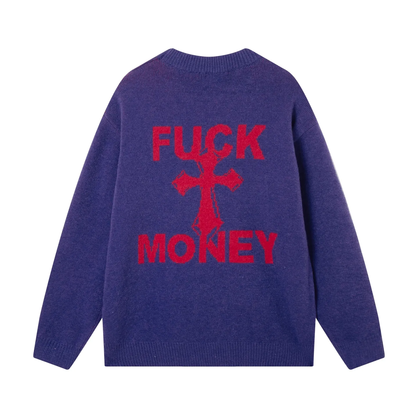 P280 Sup FUCK Letter Cross Round Neck Knitted Wool Sweater Color: Purple Black Size: S M L XL XXL