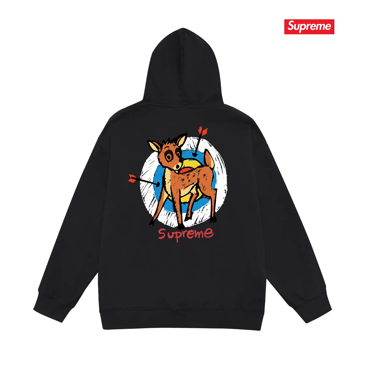 Style number S2052 #terry P160💰 Velvet P170💰 Supreme SS22 Week 1 Deer Tee deer target cartoon pattern printed hooded sweatshirt Made of 400g large terry 430g silver fox velvet (drop shoulder large version) fabric, soft texture and no pilling, imported environmentally friendly printing glue, bright and three-dimensional pattern, quality 💥same style for men and women, the upper body is trendy Color: black white Gray Size: S M L XL XXL