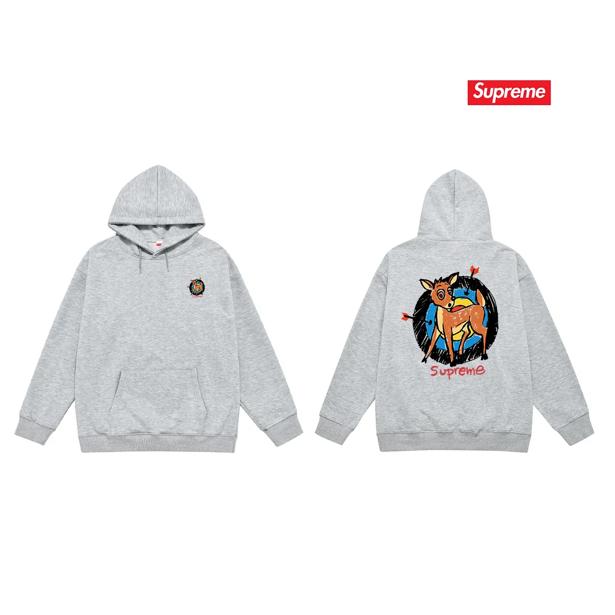 Style number S2052 #terry P160💰 Velvet P170💰 Supreme SS22 Week 1 Deer Tee deer target cartoon pattern printed hooded sweatshirt Made of 400g large terry 430g silver fox velvet (drop shoulder large version) fabric, soft texture and no pilling, imported environmentally friendly printing glue, bright and three-dimensional pattern, quality 💥same style for men and women, the upper body is trendy Color: black white Gray Size: S M L XL XXL