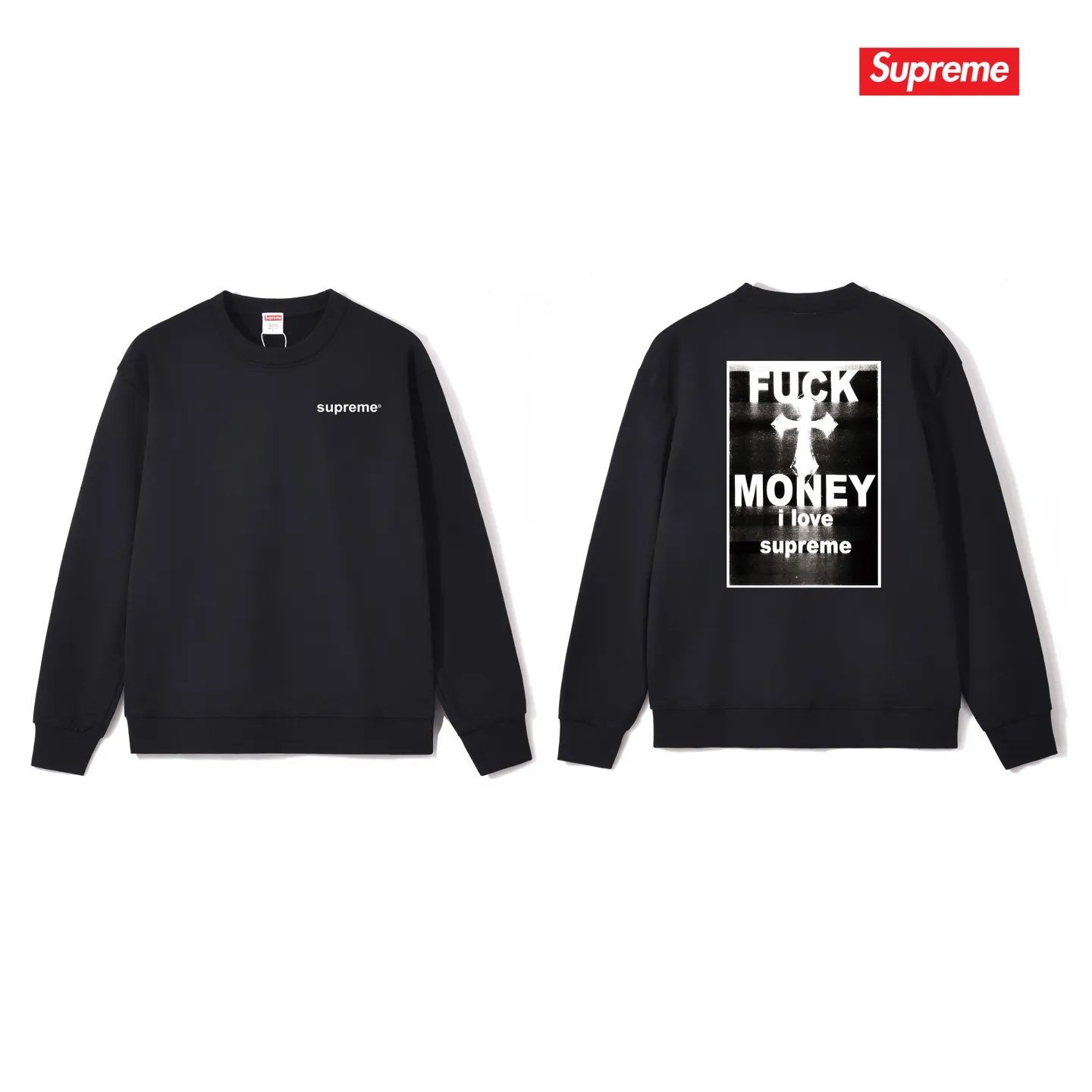 Style No. S1085 #terry p150💰 Velvet 160💰 Supreme FW24 WEEK1 Money Tee Letter cross print on the back round neck sweatshirt Made of 400 grams of large terry (drop shoulder large version) fabric, soft texture and no pilling Imported environmentally friendly printing glue The pattern is bright and three-dimensional Quality 💥Same style for men and women The upper body is trendy Color: black white gray Size: S M L XL XXL