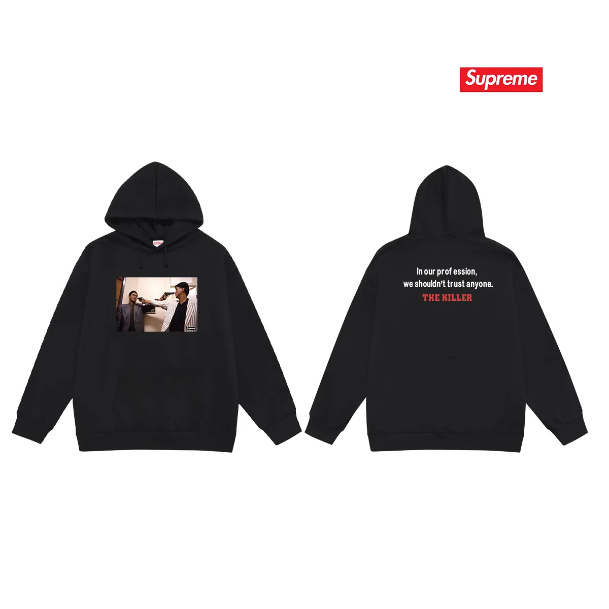 Style No. S2036 #terry P160💰 Velvet P170💰 Supreme FW18 The Killer Trust Tee Red Chow Yun-fat printed hooded sweatshirt Made of 400g large terry 430g silver fox velvet (drop shoulder large version) fabric, soft texture and no pilling Imported environmentally friendly printing glue The pattern is bright and three-dimensional Quality 💥Same style for men and women The upper body is trendy Color: black White Gray Size: S M L XL XXL