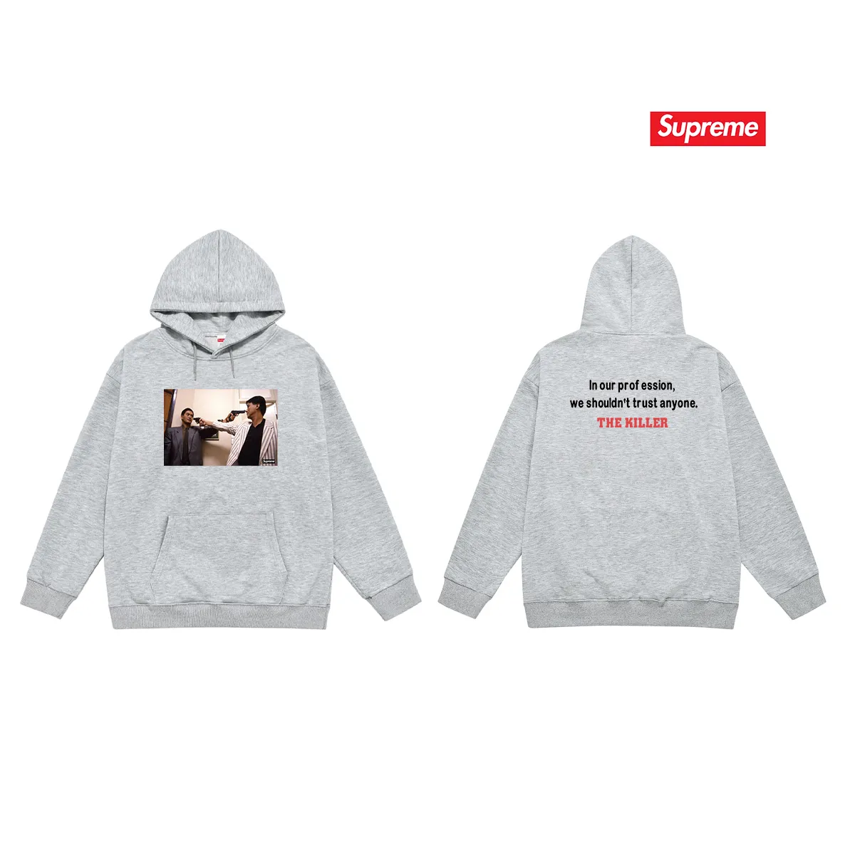 Style No. S2036 #terry P160💰 Velvet P170💰 Supreme FW18 The Killer Trust Tee Red Chow Yun-fat printed hooded sweatshirt Made of 400g large terry 430g silver fox velvet (drop shoulder large version) fabric, soft texture and no pilling Imported environmentally friendly printing glue The pattern is bright and three-dimensional Quality 💥Same style for men and women The upper body is trendy Color: black White Gray Size: S M L XL XXL