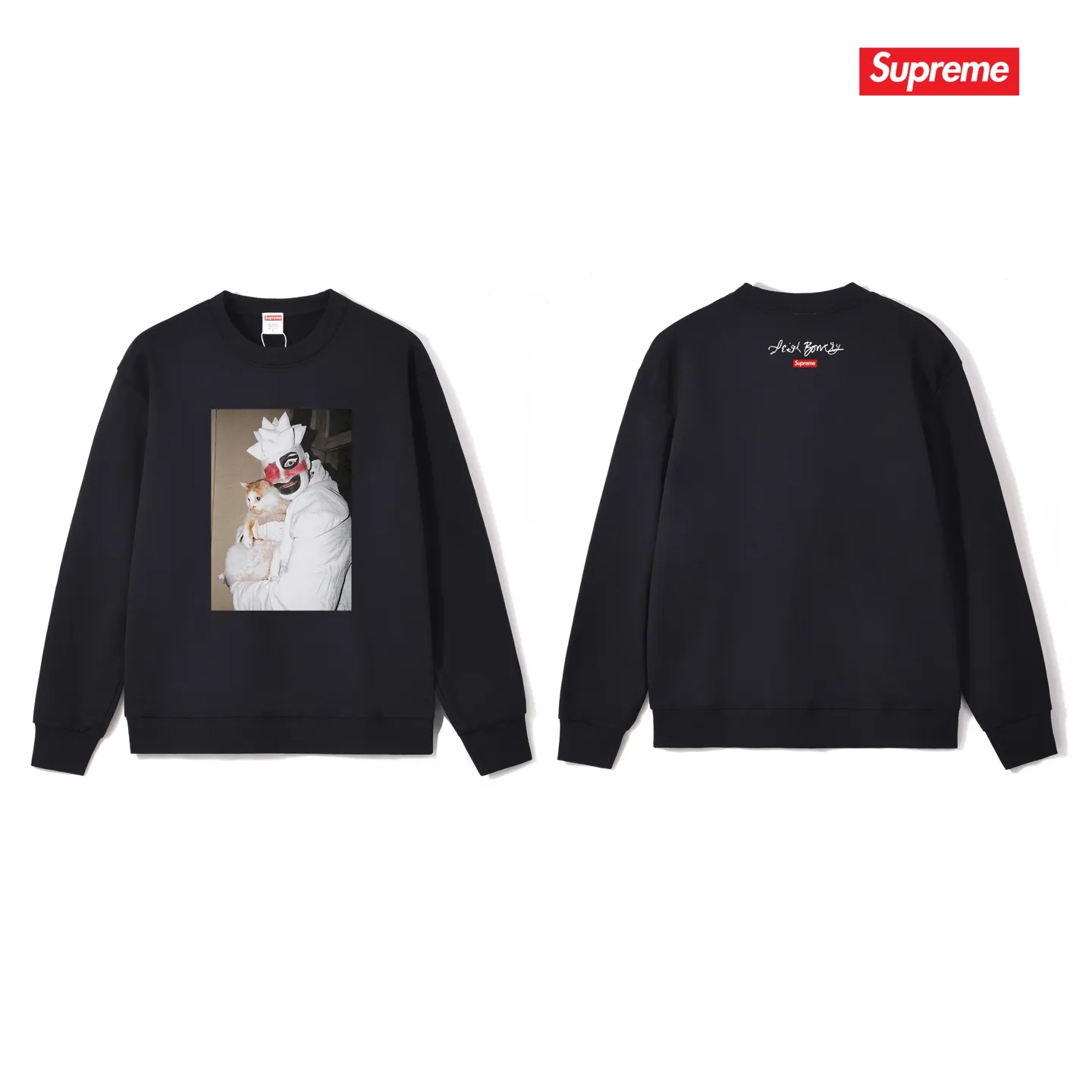 Style No. S1128 #terryp150💰Fleece 160💰Supreme weird artist co-branded clown hugging kitten round neck sweatshirt Made of 400 grams of large terry (drop shoulder large version) fabric, soft texture and no pilling Imported environmentally friendly printing glue The pattern is bright and three-dimensional Quality💥Same style for men and women The upper body is trendy Color: black white gray Size: S M L XL XXL