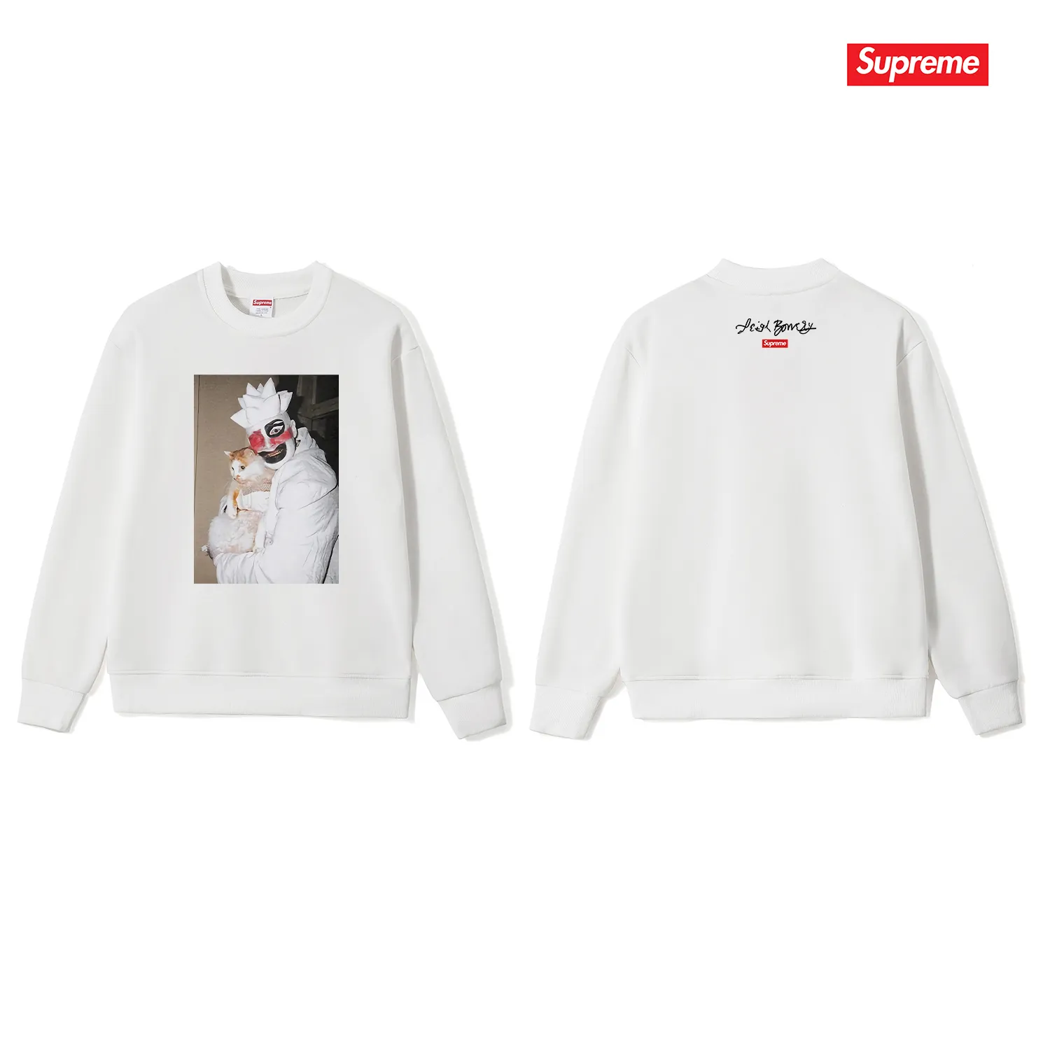 Style No. S1128 #terryp150💰Fleece 160💰Supreme weird artist co-branded clown hugging kitten round neck sweatshirt Made of 400 grams of large terry (drop shoulder large version) fabric, soft texture and no pilling Imported environmentally friendly printing glue The pattern is bright and three-dimensional Quality💥Same style for men and women The upper body is trendy Color: black white gray Size: S M L XL XXL