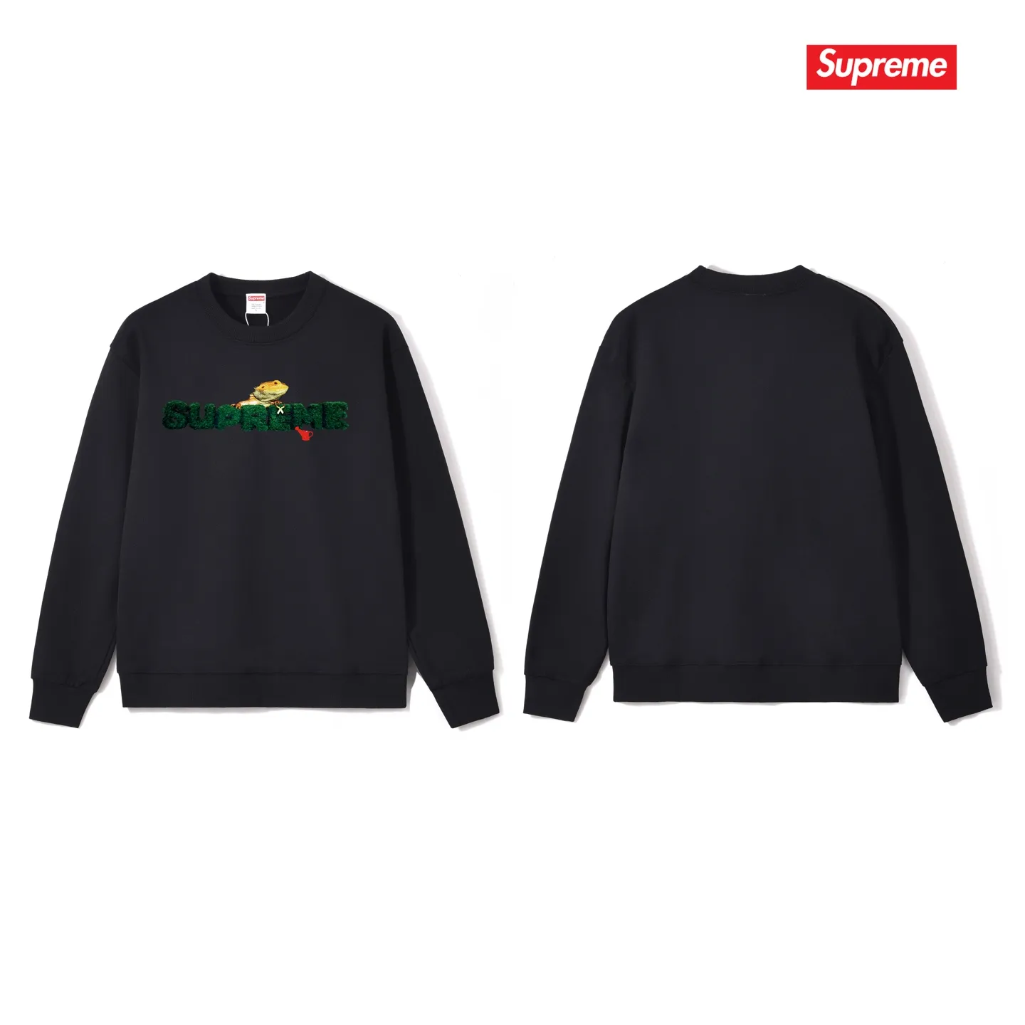 Style No. S1041 #terry p150💰 Velvet 160💰 Supreme Week 18 Lizard Tee Lizard pattern logo round neck sweatshirt Made of 400g large terry (drop shoulder large version) fabric, soft texture and no pilling Imported environmentally friendly printing glue The pattern is bright and three-dimensional Quality 💥Same style for men and women The upper body is trendy Color: black white gray Size: S M L XL XXL