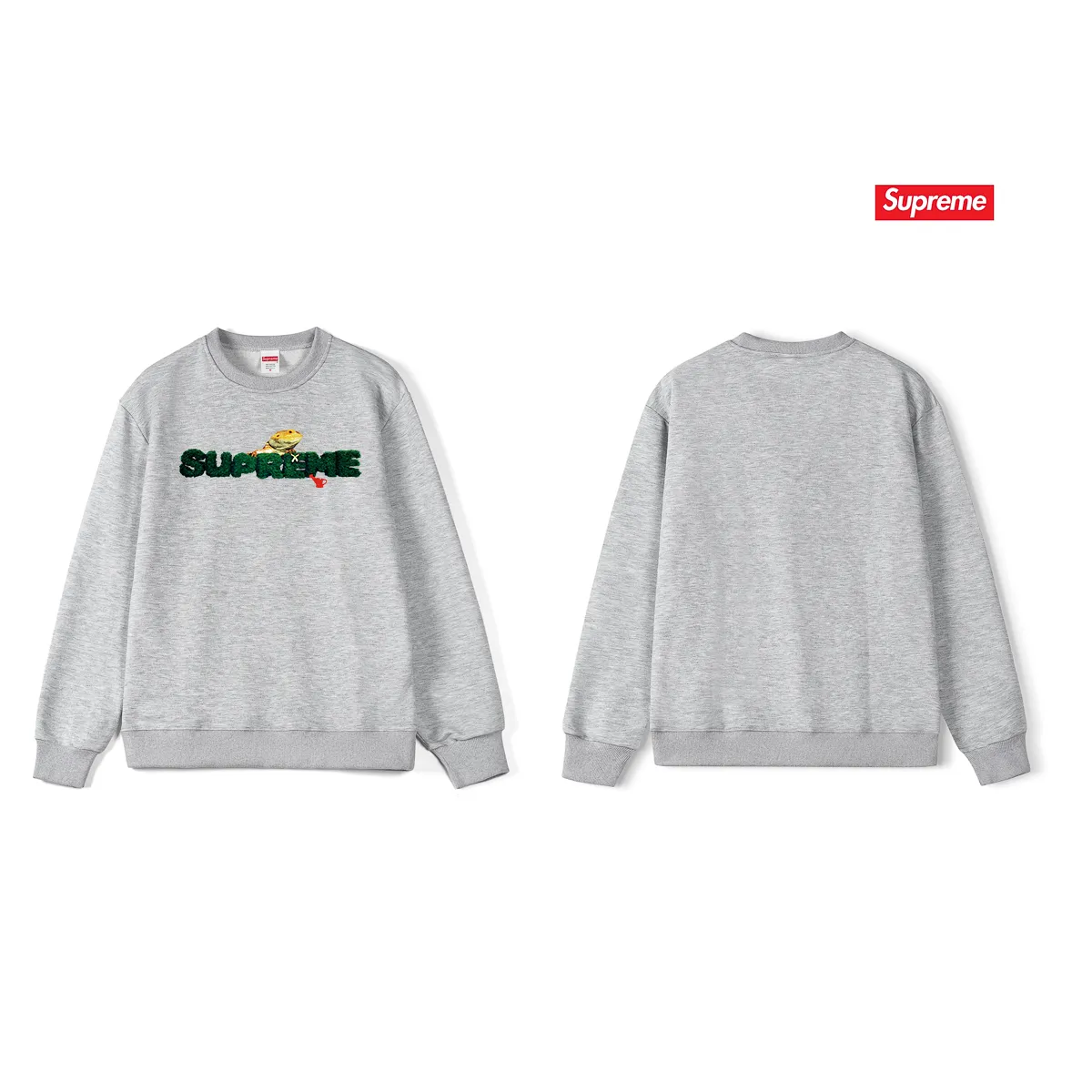 Style No. S1041 #terry p150💰 Velvet 160💰 Supreme Week 18 Lizard Tee Lizard pattern logo round neck sweatshirt Made of 400g large terry (drop shoulder large version) fabric, soft texture and no pilling Imported environmentally friendly printing glue The pattern is bright and three-dimensional Quality 💥Same style for men and women The upper body is trendy Color: black white gray Size: S M L XL XXL