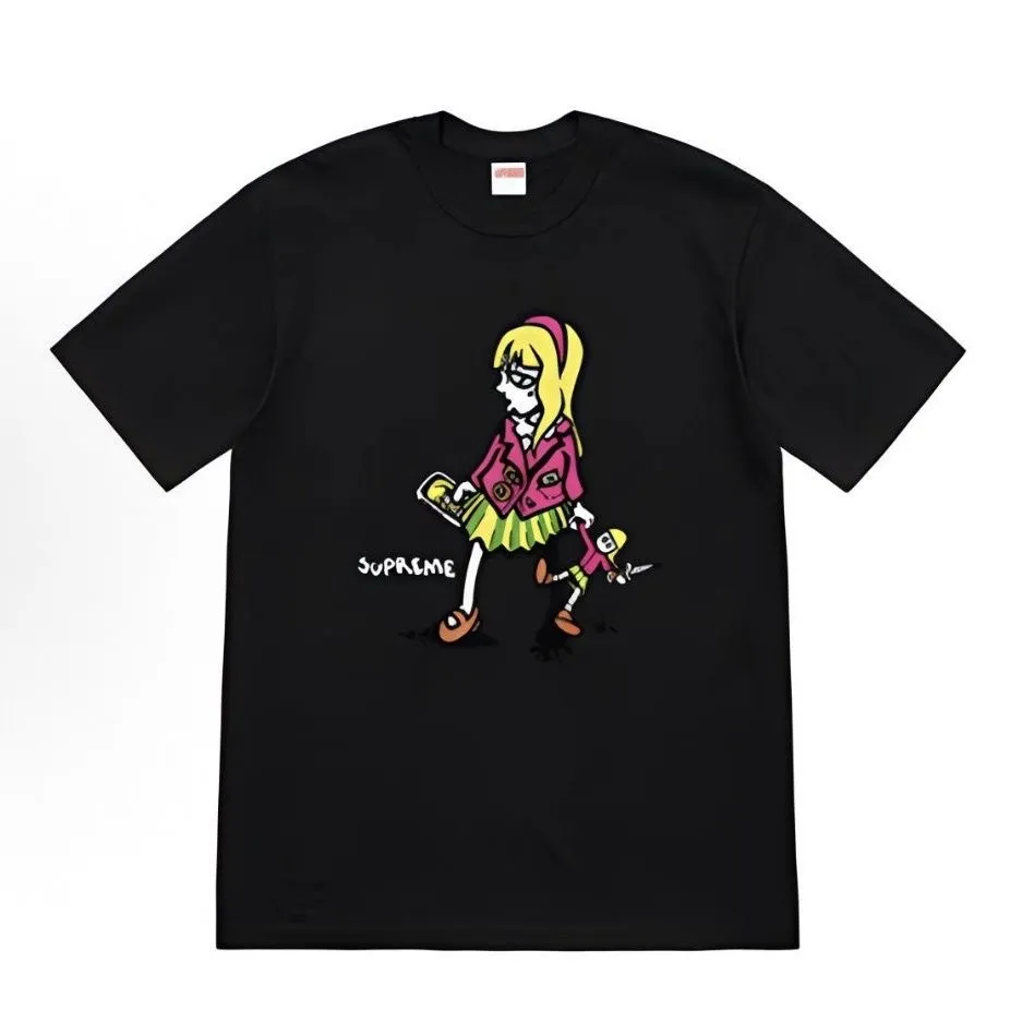 S134 P110💰 19SS Suzie Switchblade Tee Suzie little girl printed short-sleeved T-shirt for men and women, pure cotton, loose fit, using 260 grams of combed cotton double yarn, all three standards from fabrics to accessories, ZP, imported Matsui company slurry printing will never crack, the whole piece adopts three-needle five-thread process. The neckline-shoulder seam-sleeve seam is double-lined, which looks more three-dimensional and textured) The same process as the authentic original, classic version Feel free to compare zp. The whole piece adopts three-needle five-thread craftsmanship (neckline-shoulder seam-sleeve seam double thread, which looks more three-dimensional and textured). It has the same craftsmanship as the original original, classic version. Color: Black, White, Red, Navy Blue, Orange, Purple. Size: S M L XL XXL