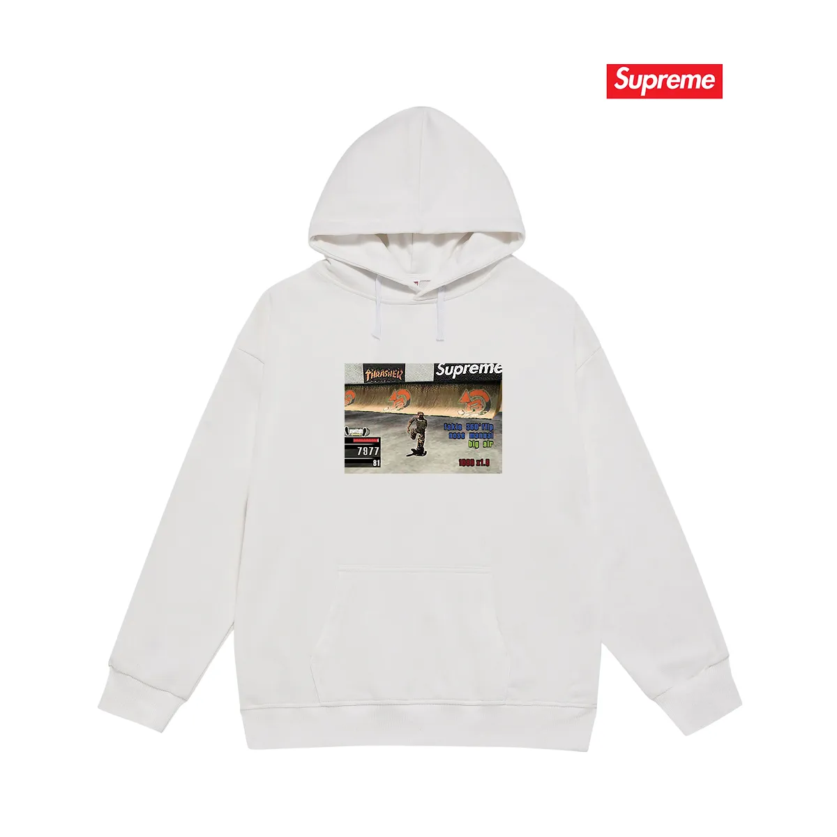 Style No. S2086 #terry P160💰 Velvet P170💰 Supreme Week 5 x Thrasher co-branded Game Tee hooded sweatshirt Made of 400g large terry 430g silver fox velvet (off-shoulder large version) fabric, soft and non-pilling, imported environmentally friendly printing glue, bright and three-dimensional pattern, quality 💥same style for men and women, the upper body is trendy Color: black white gray Size: S M L XL XXL