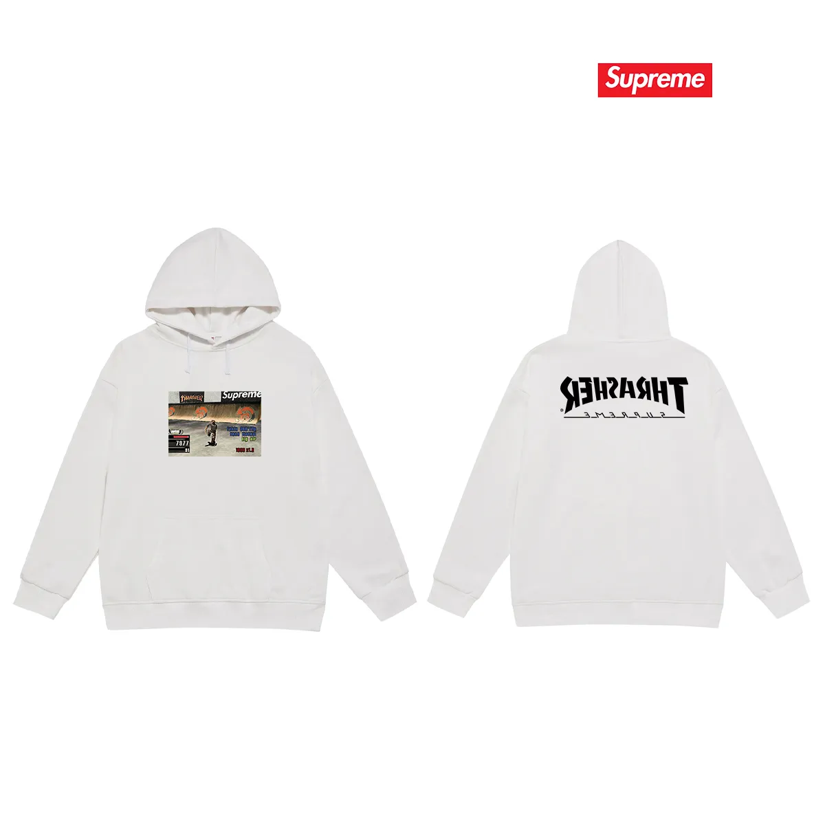 Style No. S2086 #terry P160💰 Velvet P170💰 Supreme Week 5 x Thrasher co-branded Game Tee hooded sweatshirt Made of 400g large terry 430g silver fox velvet (off-shoulder large version) fabric, soft and non-pilling, imported environmentally friendly printing glue, bright and three-dimensional pattern, quality 💥same style for men and women, the upper body is trendy Color: black white gray Size: S M L XL XXL