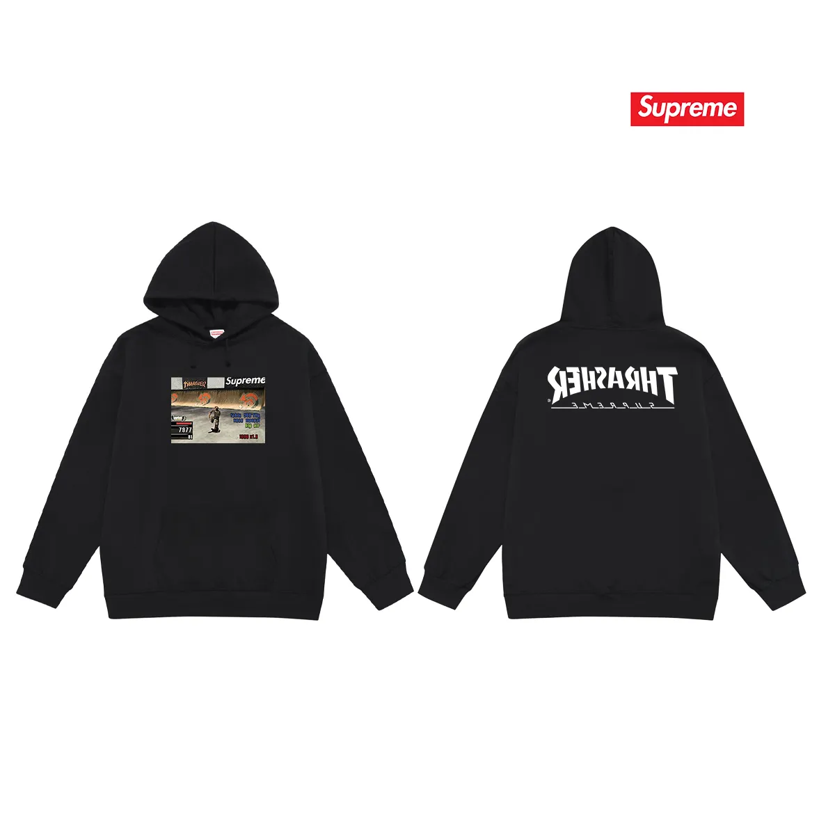 Style No. S2086 #terry P160💰 Velvet P170💰 Supreme Week 5 x Thrasher co-branded Game Tee hooded sweatshirt Made of 400g large terry 430g silver fox velvet (off-shoulder large version) fabric, soft and non-pilling, imported environmentally friendly printing glue, bright and three-dimensional pattern, quality 💥same style for men and women, the upper body is trendy Color: black white gray Size: S M L XL XXL