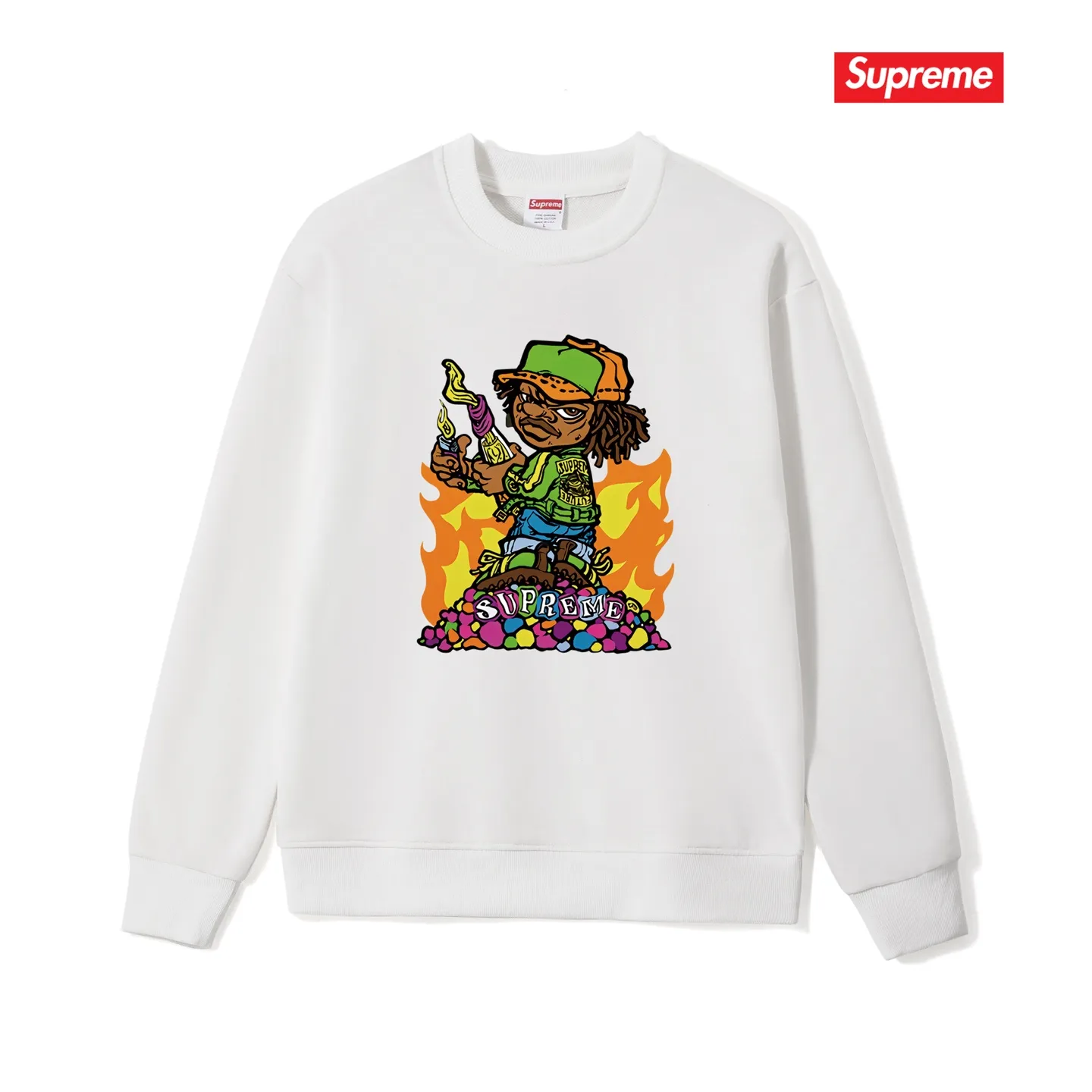 Style No. S1112 #terry p150💰 Velvet 160💰 Supreme SS19 Molotov Kid Tee Black little boy comics round neck sweatshirt Made of 400 grams of large terry (drop shoulder large version) fabric, soft and non-pilling texture, imported environmentally friendly printing glue, bright and three-dimensional pattern, quality 💥unisex style, trendy upper body, color: black, white, gray, size: S M L XL XXL