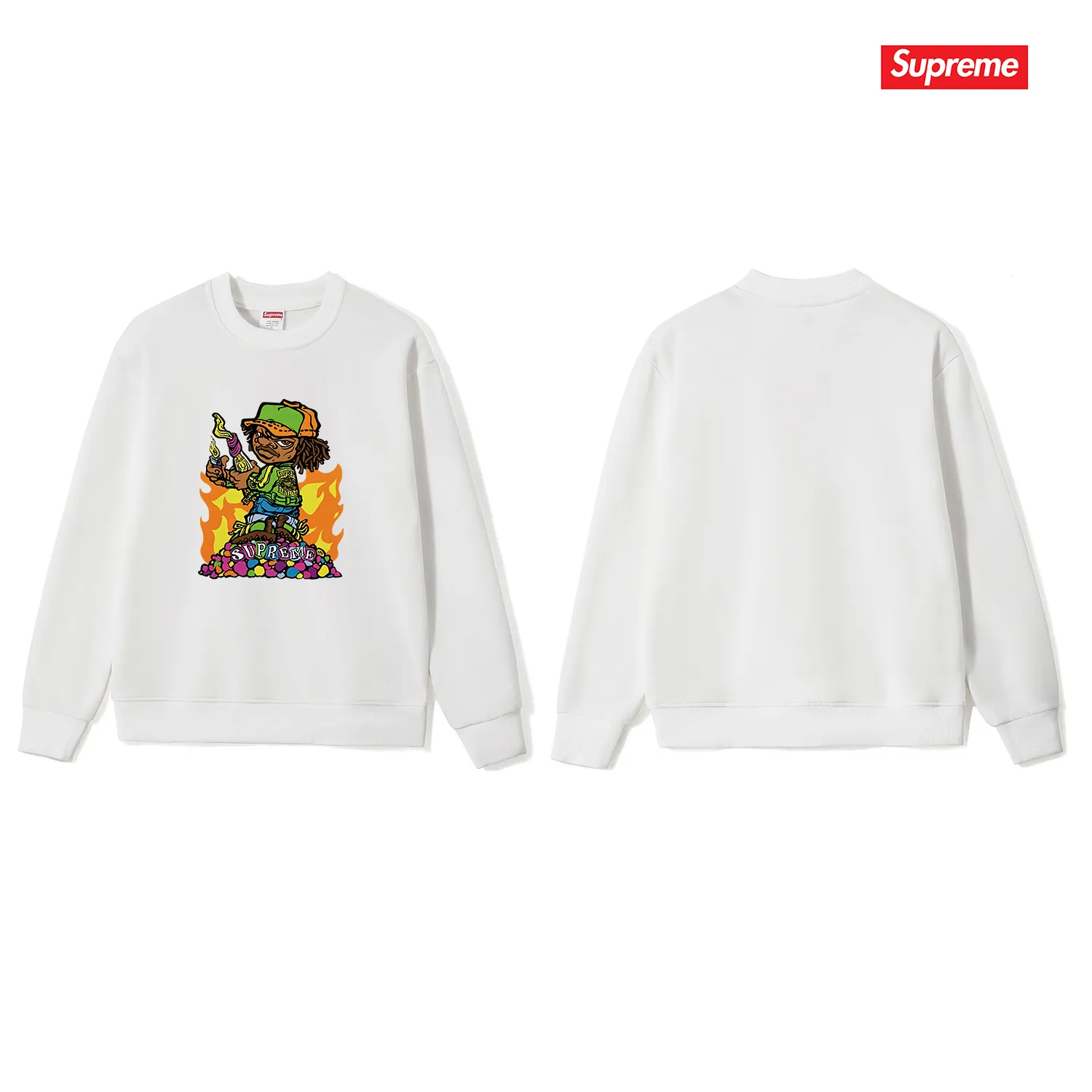 Style No. S1112 #terry p150💰 Velvet 160💰 Supreme SS19 Molotov Kid Tee Black little boy comics round neck sweatshirt Made of 400 grams of large terry (drop shoulder large version) fabric, soft and non-pilling texture, imported environmentally friendly printing glue, bright and three-dimensional pattern, quality 💥unisex style, trendy upper body, color: black, white, gray, size: S M L XL XXL