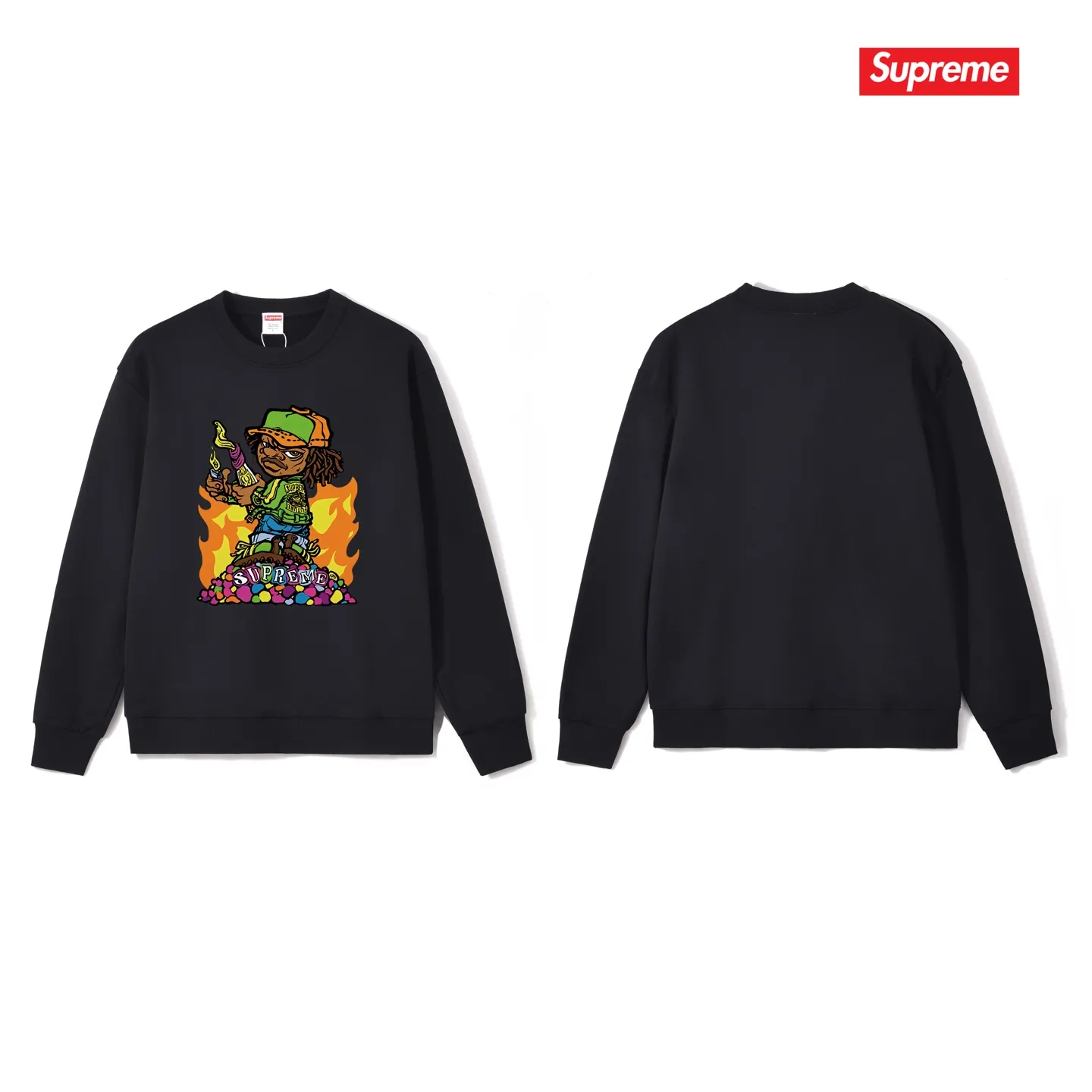 Style No. S1112 #terry p150💰 Velvet 160💰 Supreme SS19 Molotov Kid Tee Black little boy comics round neck sweatshirt Made of 400 grams of large terry (drop shoulder large version) fabric, soft and non-pilling texture, imported environmentally friendly printing glue, bright and three-dimensional pattern, quality 💥unisex style, trendy upper body, color: black, white, gray, size: S M L XL XXL