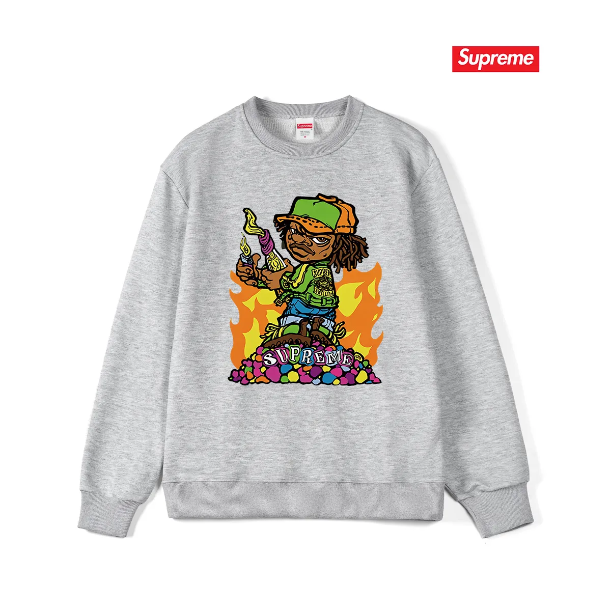 Style No. S1112 #terry p150💰 Velvet 160💰 Supreme SS19 Molotov Kid Tee Black little boy comics round neck sweatshirt Made of 400 grams of large terry (drop shoulder large version) fabric, soft and non-pilling texture, imported environmentally friendly printing glue, bright and three-dimensional pattern, quality 💥unisex style, trendy upper body, color: black, white, gray, size: S M L XL XXL