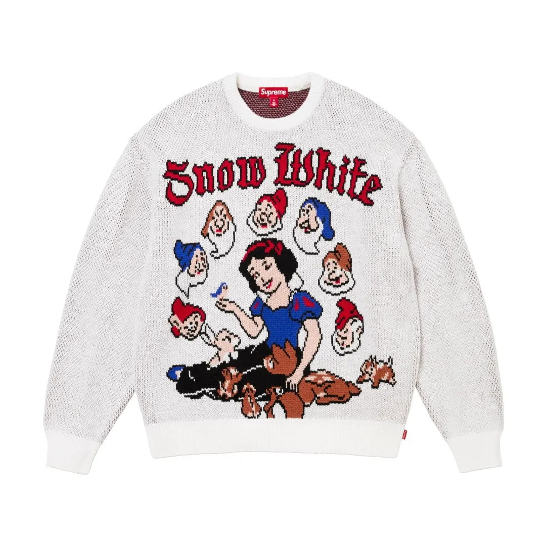 S584💰p350 Top version Supreme 24FW Snow White Snow White fairy tale sweater OS version Same style for men and women Customized YB texture wash mark Wool material: 1/13 wool Weaving method: sesame dot jacquard Number of needles: multi-gauge Machine: German STOLL computerized flat knitting machine Size: S~XL Color: black white