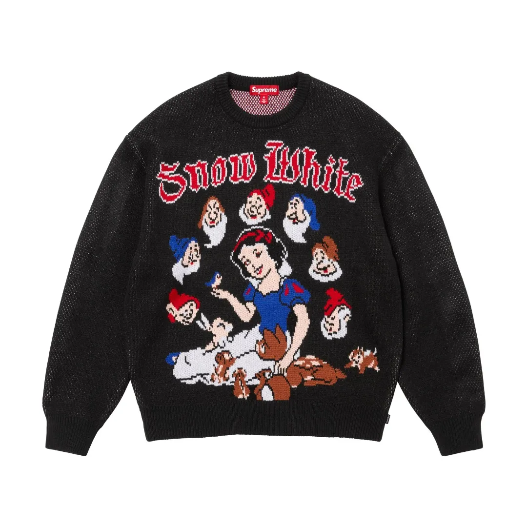 S584💰p350 Top version Supreme 24FW Snow White Snow White fairy tale sweater OS version Same style for men and women Customized YB texture wash mark Wool material: 1/13 wool Weaving method: sesame dot jacquard Number of needles: multi-gauge Machine: German STOLL computerized flat knitting machine Size: S~XL Color: black white