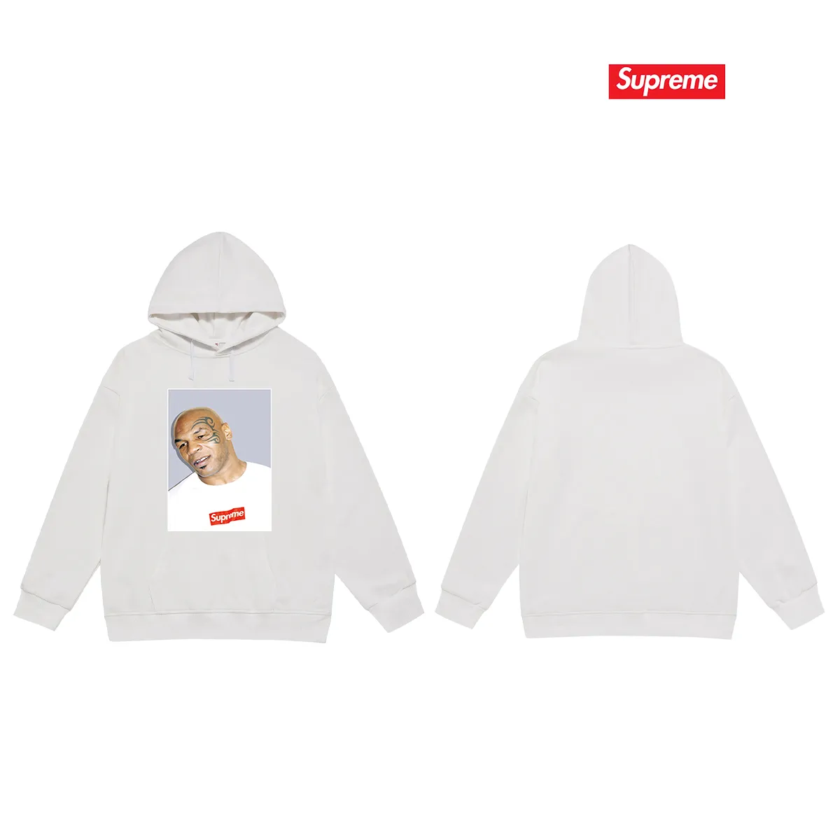 Style No. S2117 #terry P160💰 Velvet P170💰 Supreme Mike Tyson Tee Tyson print hooded sweatshirt Made of 400g large terry 430g silver fox velvet (drop shoulder large version) fabric, soft texture and no pilling Imported environmentally friendly printing glue The pattern is bright and three-dimensional Quality 💥Same style for men and women The upper body is trendy Color: black white gray Size: S M L XL XXL