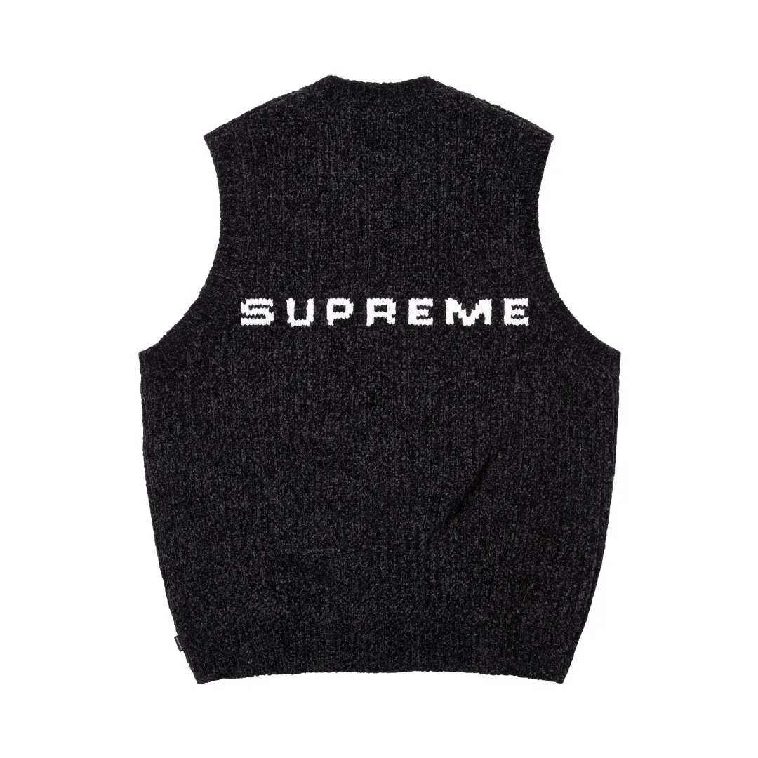 S594💰p260 Top version Supreme 24FW CHENILLE SWEATER VEST Chenille sweater vest OS version Same style for men and women Customized YB texture wash mark Wool: 26 count chenille wool Weaving method: matrix knitting Number of needles: multi-gauge Machine: German STOLL computerized flat knitting machine Size: S~XL Color: black blue