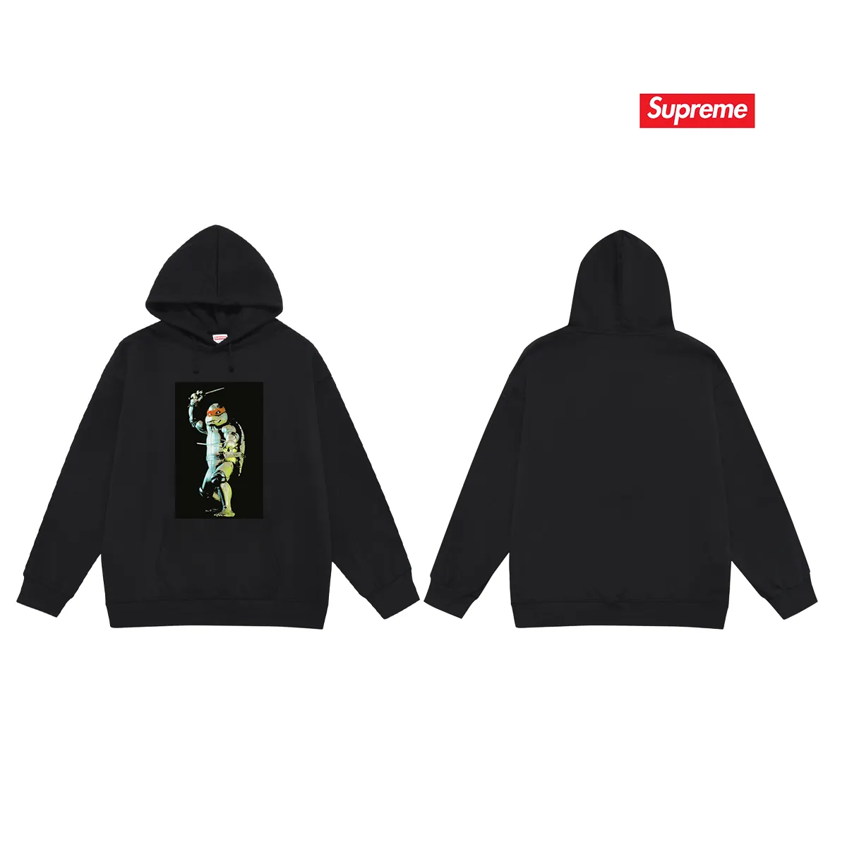 Style No. S2053 #terry P160💰 Velvet P170💰 Supreme Week 1 Raphael Tee Teenage Mutant Ninja Turtles printed hooded sweatshirt Made of 400g large terry 430g silver fox velvet (drop shoulder large version) fabric, soft texture and no pilling Imported environmentally friendly printing glue The pattern is bright and three-dimensional Quality 💥Same style for men and women The upper body is trendy Color: black white gray Size: S M L XL XXL