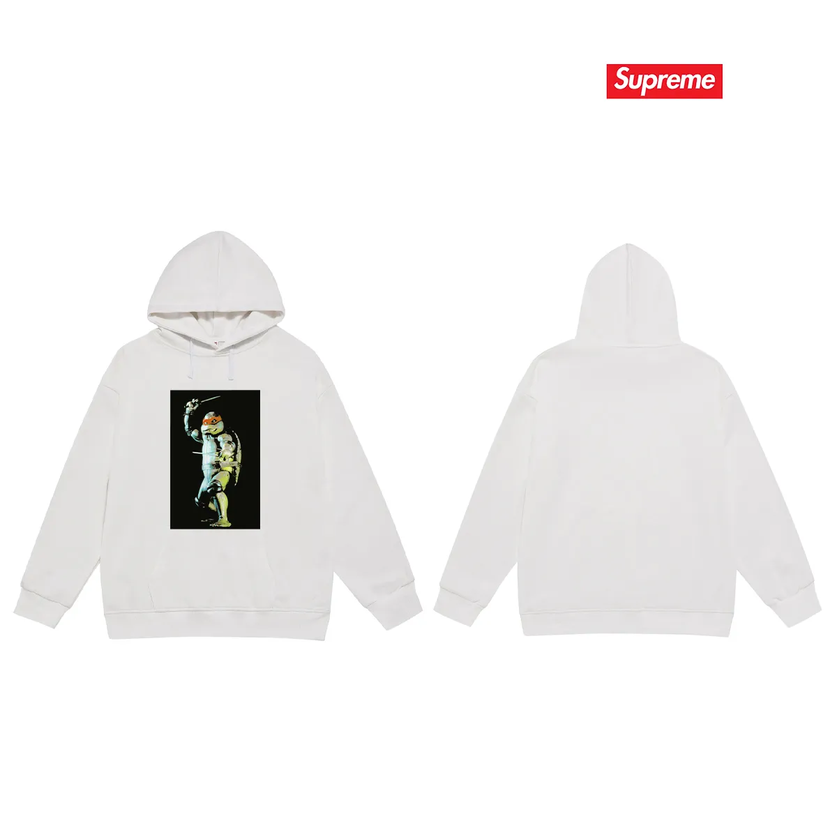 Style No. S2053 #terry P160💰 Velvet P170💰 Supreme Week 1 Raphael Tee Teenage Mutant Ninja Turtles printed hooded sweatshirt Made of 400g large terry 430g silver fox velvet (drop shoulder large version) fabric, soft texture and no pilling Imported environmentally friendly printing glue The pattern is bright and three-dimensional Quality 💥Same style for men and women The upper body is trendy Color: black white gray Size: S M L XL XXL