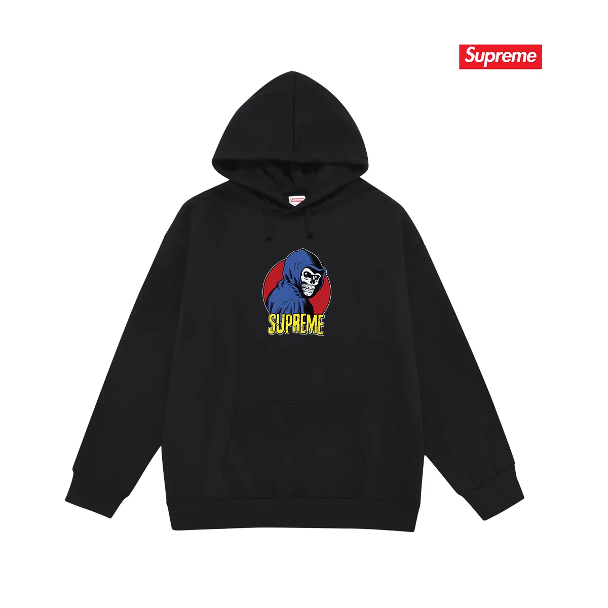 Style No. S2106 #terry P160💰 Velvet P170💰 Supreme SS23 Week1REAPERTEE death print hooded sweatshirt Made of 400g large terry 430g silver fox velvet (drop shoulder large version) fabric, soft texture and no pilling Imported environmentally friendly printing glue The pattern is bright and three-dimensional Quality 💥Same style for men and women The upper body is trendy Color: black white gray Size: S M L XL XXL