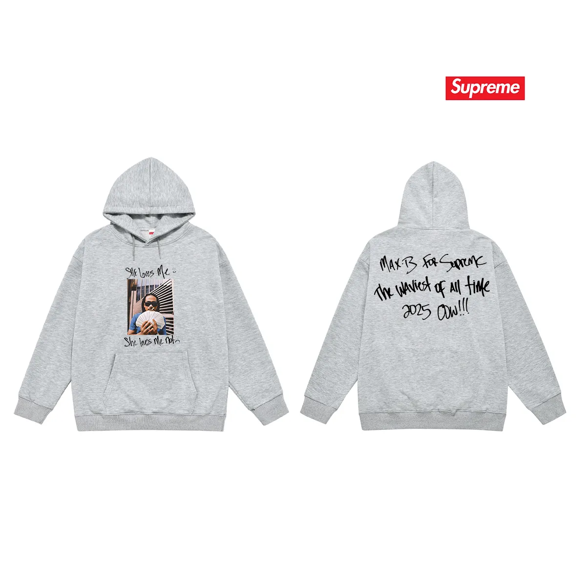 Style No. S2140 #terry P160💰 Velvet P170💰 SS25 Sup She loves me printed hooded sweatshirt. Made of 400g large terry 430g silver fox velvet (drop shoulder large version) fabric. The texture is soft and non-pilling. Imported environmentally friendly printing glue. The pattern is bright and three-dimensional. Quality 💥Same style for men and women. The upper body is trendy. Color: black white gray Size: S M L XL XXL
