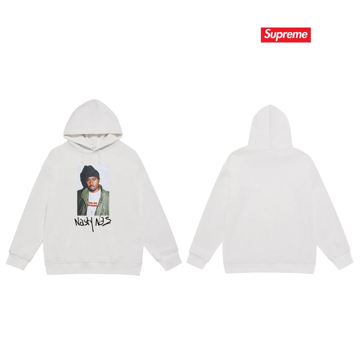 Style No. S2114 #terry P160💰 Velvet P170💰 Supreme FW17 Nas Tee Black rapper pattern unisex hooded sweatshirt Made of 400g large terry 430g silver fox velvet (drop shoulder large version) fabric, soft texture and no pilling Imported environmentally friendly printing glue The pattern is bright and three-dimensional Quality 💥 Unisex style The upper body is trendy Color: black white gray Size: S M L XL XXL