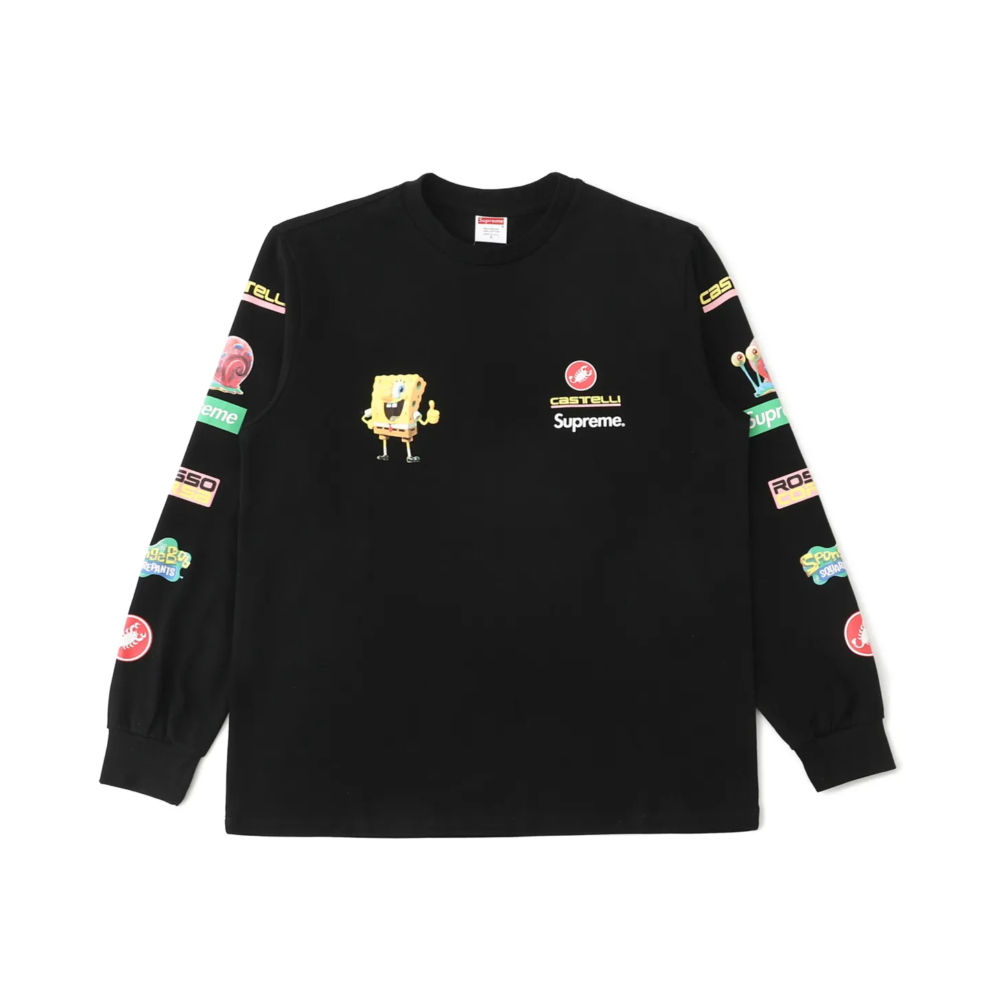 🅿️280 S293 Supreme x SPONGEBOB SQUAREPANTS Spongebob x CASTELLI joint model SS25 WEEK11 Racing L/S Tee Spongebob funny printed pattern round neck long-sleeved T-shirt Unisex 260g pure cotton material Super cute large print Very popular color Color: black white Size: S M L XL (175 140 wear M) Length: 69 71 73 76 Bust: 114 118 122 126 Sleeve length: 62 63 64 65