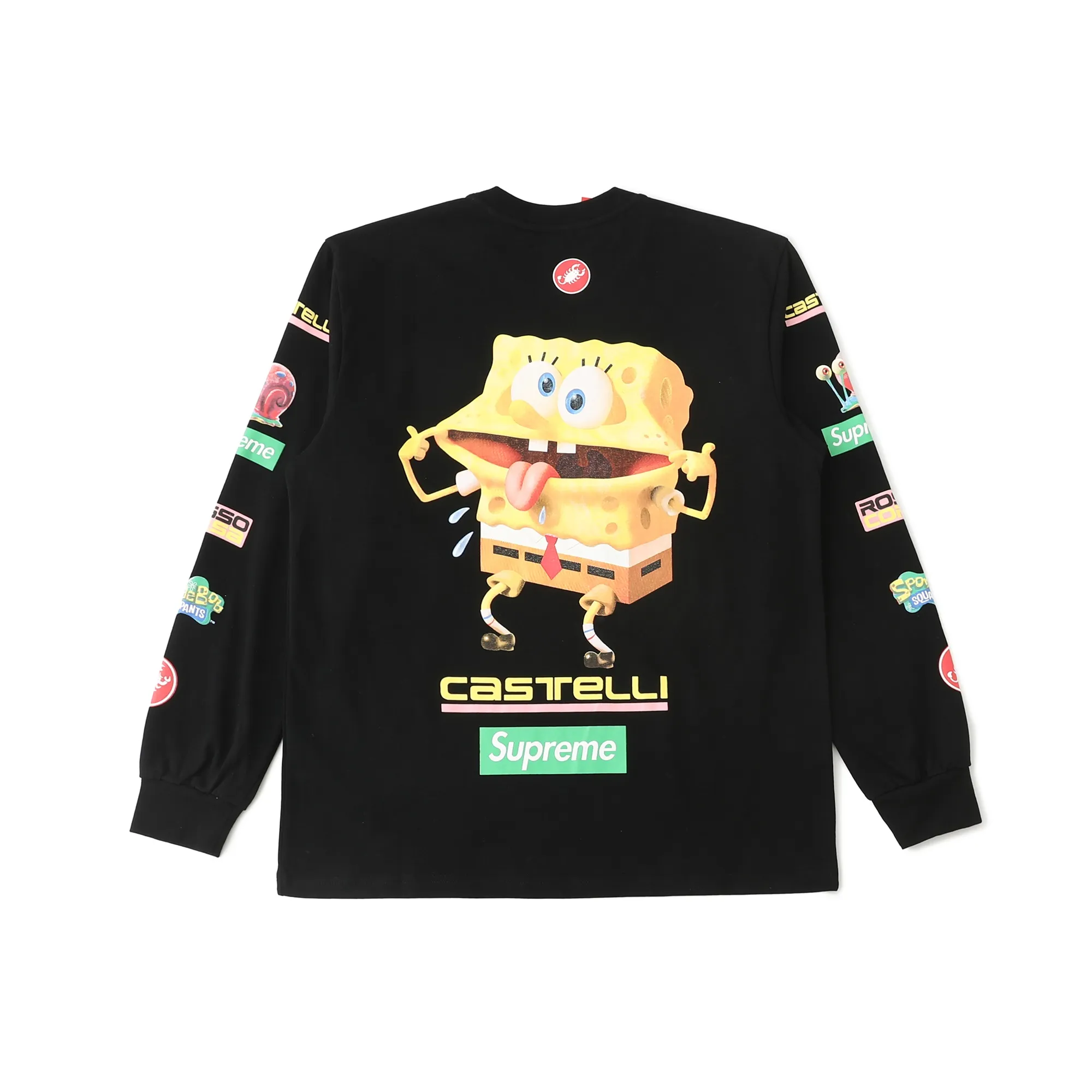 🅿️280 S293 Supreme x SPONGEBOB SQUAREPANTS Spongebob x CASTELLI joint model SS25 WEEK11 Racing L/S Tee Spongebob funny printed pattern round neck long-sleeved T-shirt Unisex 260g pure cotton material Super cute large print Very popular color Color: black white Size: S M L XL (175 140 wear M) Length: 69 71 73 76 Bust: 114 118 122 126 Sleeve length: 62 63 64 65