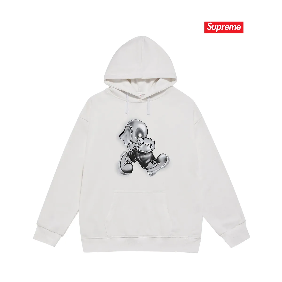 Style No. S2109 #terry P160💰 Velvet P170💰 Supreme FW22 Week1ElephantTee printed hooded sweatshirt Made of 400g large terry 430g silver fox velvet (off-shoulder large version) fabric, soft texture and no pilling Imported environmentally friendly printing glue The pattern is bright and three-dimensional Quality 💥Same style for men and women The upper body is trendy Color: black white gray Size: S M L XL XXL