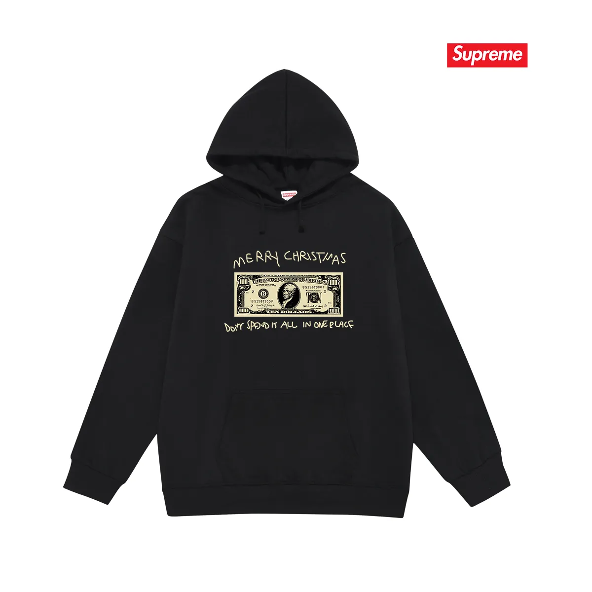 Style No. S2124 #terry P160💰 Velvet P170💰 Supreme 21FW SPEND IT TEE dollar Christmas printed hooded sweatshirt Made of 400g large terry 430g silver fox velvet (drop shoulder large version) fabric, soft texture and no pilling Imported environmentally friendly printing glue The pattern is bright and three-dimensional Quality 💥Same style for men and women The upper body is trendy Color: black white gray Size: S M L XL XXL