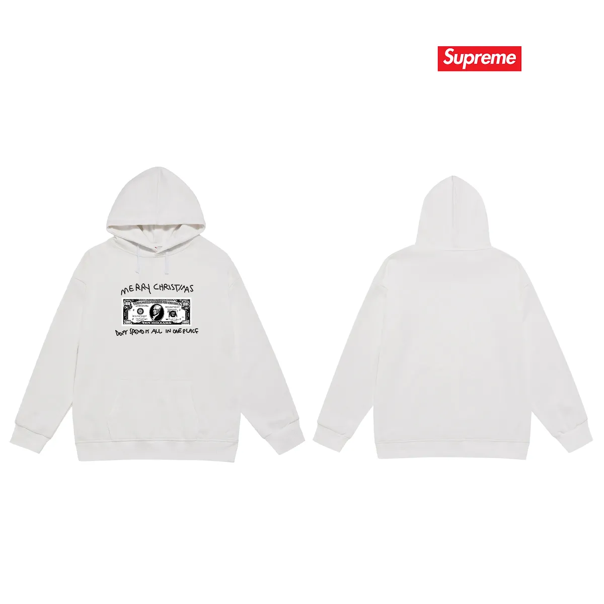 Style No. S2124 #terry P160💰 Velvet P170💰 Supreme 21FW SPEND IT TEE dollar Christmas printed hooded sweatshirt Made of 400g large terry 430g silver fox velvet (drop shoulder large version) fabric, soft texture and no pilling Imported environmentally friendly printing glue The pattern is bright and three-dimensional Quality 💥Same style for men and women The upper body is trendy Color: black white gray Size: S M L XL XXL