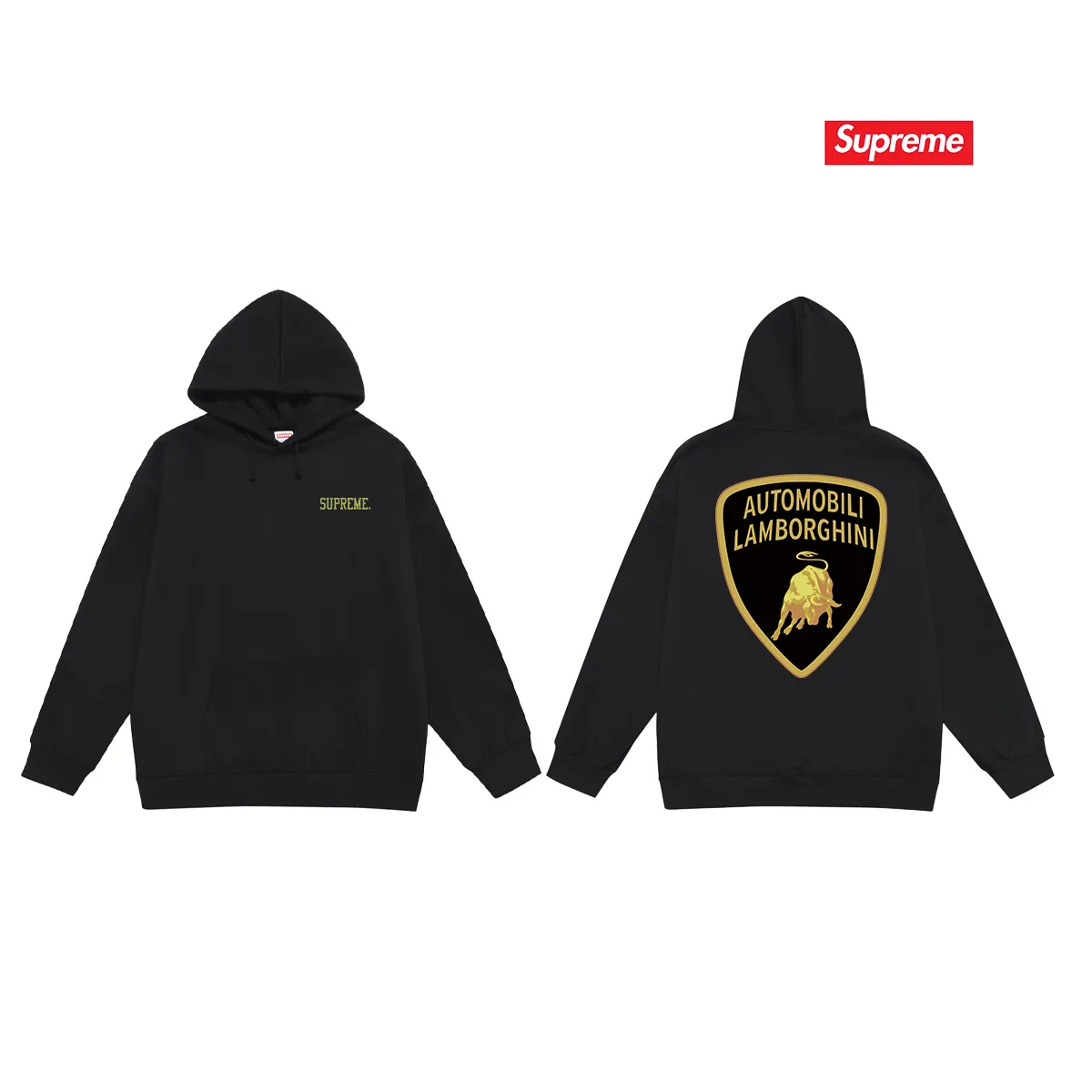 Model No. S2120 #terry P160💰 Velvet P170💰 Supreme Lamborghini co-branded hooded sweatshirt Made of 400g large terry 430g silver fox velvet (drop shoulder large version) fabric, soft texture and no pilling Imported environmentally friendly printing glue The pattern is bright and three-dimensional Quality 💥Same style for men and women The upper body is trendy Color: black white gray Size: S M L XL XXL