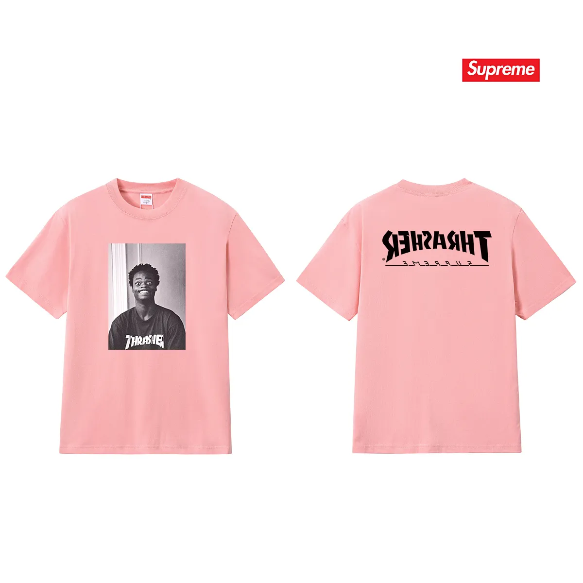 S262 P110💰 Supreme THRASHER co-branded comfortable T-shirt with character pattern printing, same style for men and women, loose fit, made of 260g combed cotton double yarn, all three standards from fabrics to accessories, ZP, imported Matsui company slurry printing will not crack, the whole piece adopts three-needle five-thread process. The neckline-shoulder seam-sleeve seam is double-lined, looks more three-dimensional and textured) and the original version has the same craftsmanship, classic version Feel free to compare zp. The whole piece adopts three-needle five-thread craftsmanship (neckline-shoulder seam-sleeve seam double thread, which looks more three-dimensional and textured). It has the same craftsmanship as the original original, classic version. Color: black, white, light gray, pink, navy. Size: S M L XL XXL