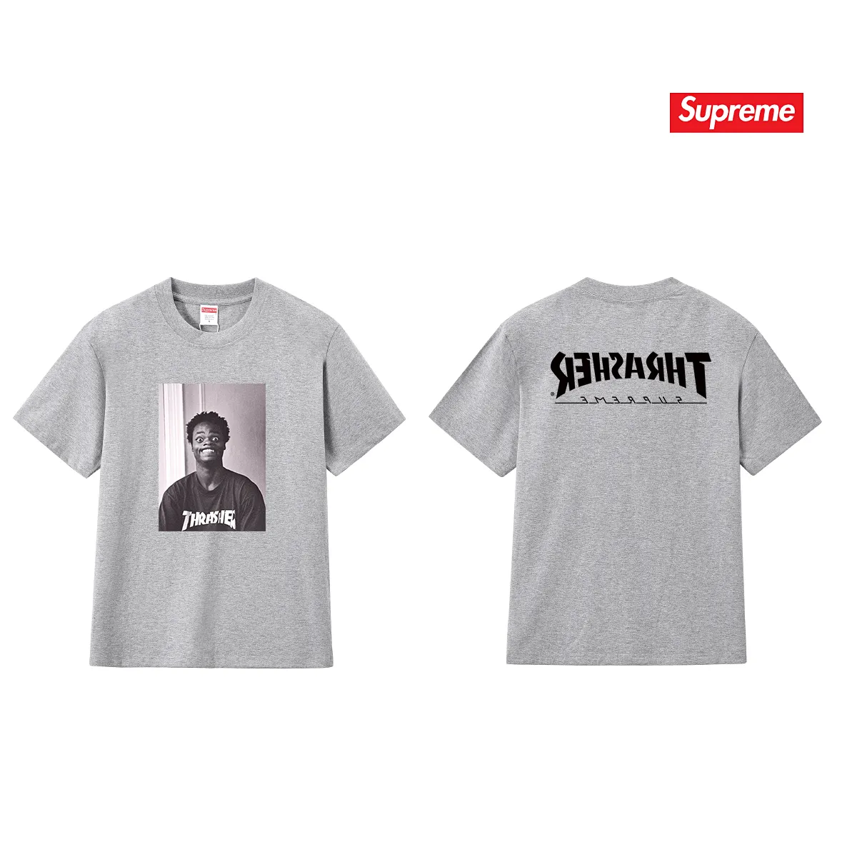 S262 P110💰 Supreme THRASHER co-branded comfortable T-shirt with character pattern printing, same style for men and women, loose fit, made of 260g combed cotton double yarn, all three standards from fabrics to accessories, ZP, imported Matsui company slurry printing will not crack, the whole piece adopts three-needle five-thread process. The neckline-shoulder seam-sleeve seam is double-lined, looks more three-dimensional and textured) and the original version has the same craftsmanship, classic version Feel free to compare zp. The whole piece adopts three-needle five-thread craftsmanship (neckline-shoulder seam-sleeve seam double thread, which looks more three-dimensional and textured). It has the same craftsmanship as the original original, classic version. Color: black, white, light gray, pink, navy. Size: S M L XL XXL