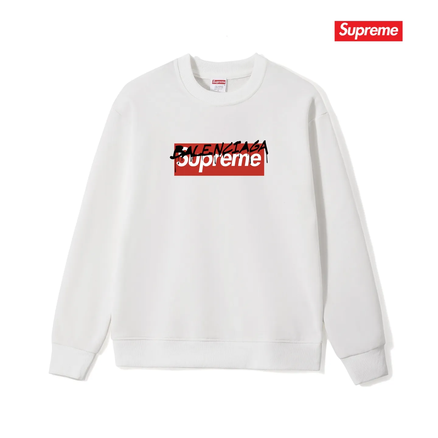 Style No. S1002 #terryp150💰 Velvet 160💰 Balenciaga co-branded supreme round-neck sweatshirt. Made of 400g large terry (drop shoulder large version) fabric. The texture is soft and non-pilling. Imported environmentally friendly printing glue. The pattern is bright and three-dimensional. Quality💥Same style for men and women. The upper body is trendy. Color: White Size: S M L XL XXL