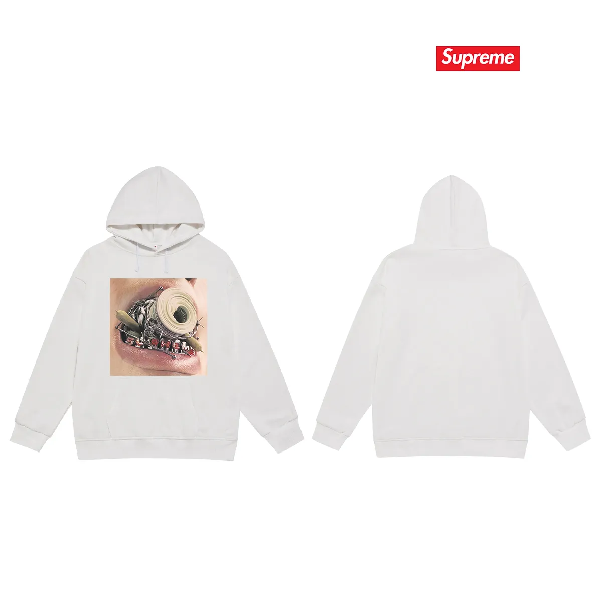 Style No. S2028 #terry P160💰 Velvet P170💰 Balenciaga co-branded supreme printed hooded sweatshirt Made of 400g large terry 430g silver fox velvet (off-shoulder large version) fabric, soft and non-pilling, imported environmentally friendly printing glue, bright and three-dimensional pattern, quality 💥Same style for men and women. The upper body is trendy. Color: black white gray Size: S M L XL XXL