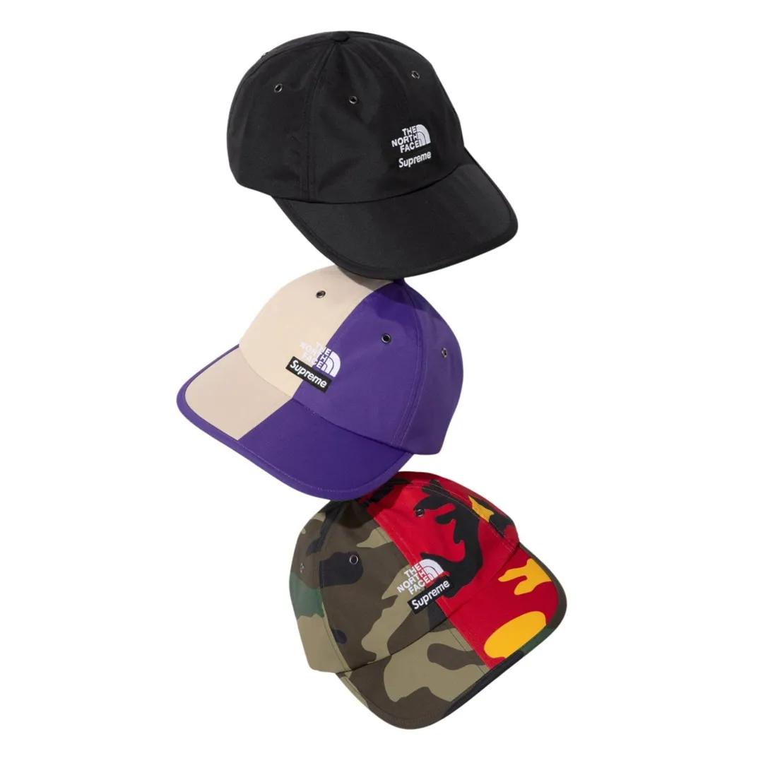 S386💰p150 Supreme 24SS TNF SPLIT 6-PANEL color-blocked embroidered logo peaked cap Color: black, purple and white, camouflage