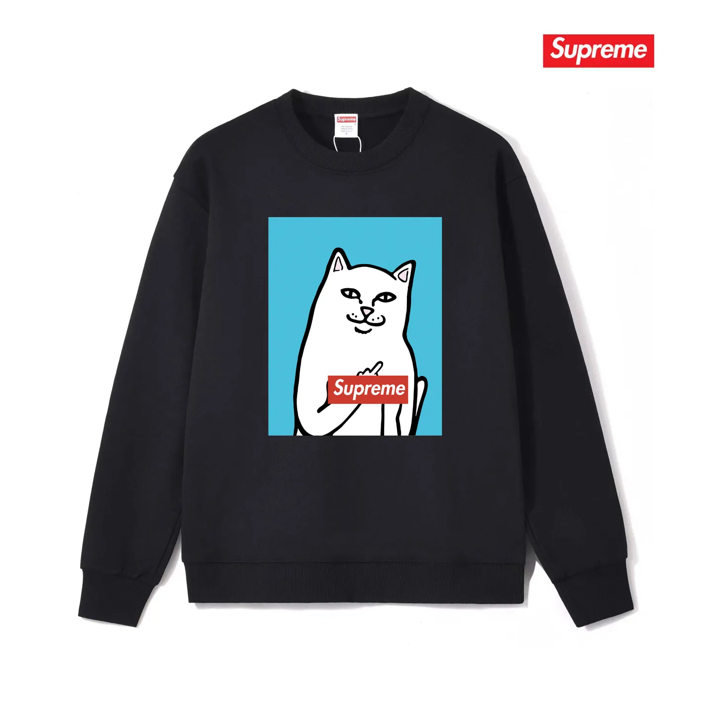 Style No. S1232 #terry p150💰 plus fleece 160💰 Sup spoof the little mean cat middle finger trendy brand round neck sweatshirt. Made of 400 grams of large terry (drop shoulder large version) fabric. The texture is soft and non-pilling. Imported environmentally friendly printing glue. The pattern is bright and three-dimensional. The quality is 💥same for men and women. The upper body is trendy. Color: black white gray Size: S M L XL XXL