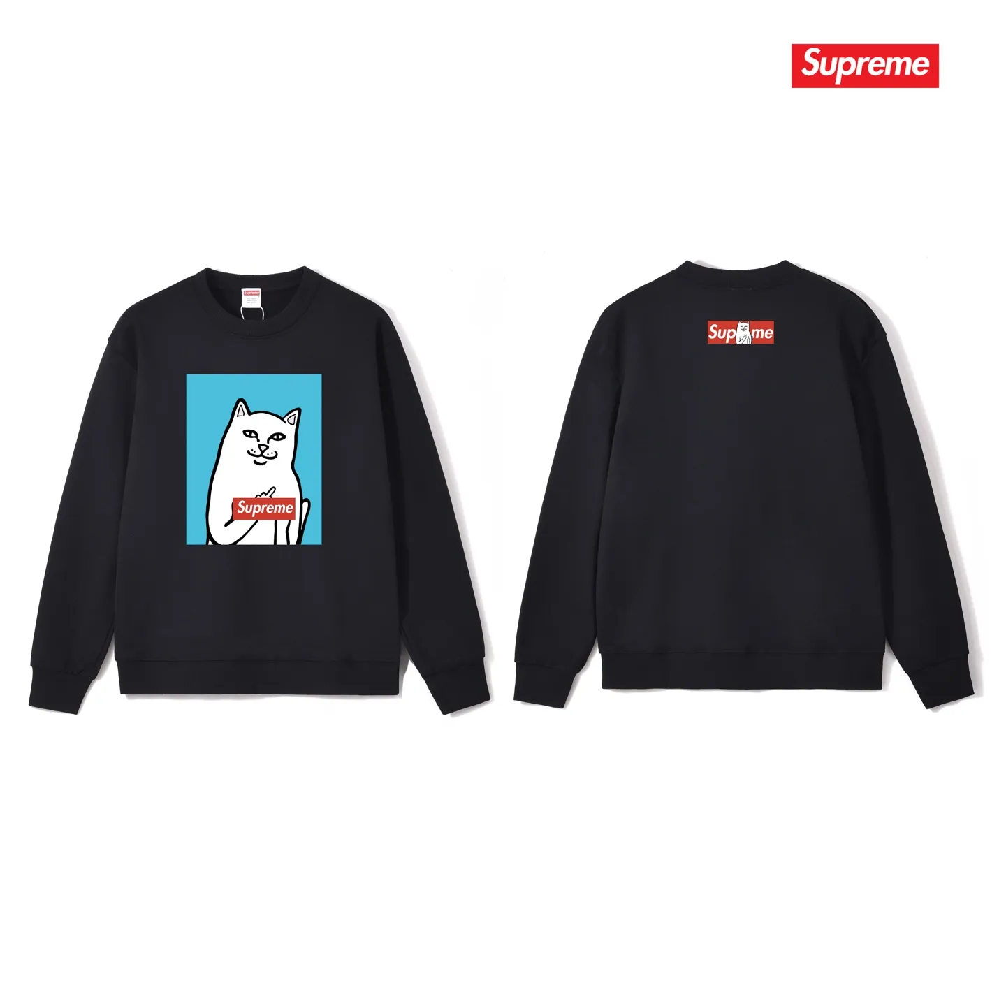 Style No. S1232 #terry p150💰 plus fleece 160💰 Sup spoof the little mean cat middle finger trendy brand round neck sweatshirt. Made of 400 grams of large terry (drop shoulder large version) fabric. The texture is soft and non-pilling. Imported environmentally friendly printing glue. The pattern is bright and three-dimensional. The quality is 💥same for men and women. The upper body is trendy. Color: black white gray Size: S M L XL XXL