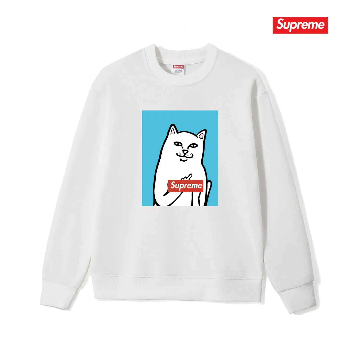 Style No. S1232 #terry p150💰 plus fleece 160💰 Sup spoof the little mean cat middle finger trendy brand round neck sweatshirt. Made of 400 grams of large terry (drop shoulder large version) fabric. The texture is soft and non-pilling. Imported environmentally friendly printing glue. The pattern is bright and three-dimensional. The quality is 💥same for men and women. The upper body is trendy. Color: black white gray Size: S M L XL XXL