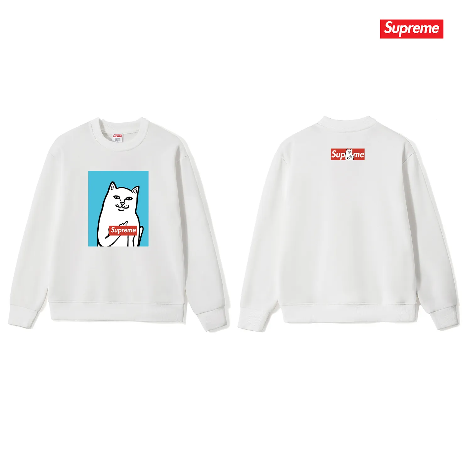 Style No. S1232 #terry p150💰 plus fleece 160💰 Sup spoof the little mean cat middle finger trendy brand round neck sweatshirt. Made of 400 grams of large terry (drop shoulder large version) fabric. The texture is soft and non-pilling. Imported environmentally friendly printing glue. The pattern is bright and three-dimensional. The quality is 💥same for men and women. The upper body is trendy. Color: black white gray Size: S M L XL XXL