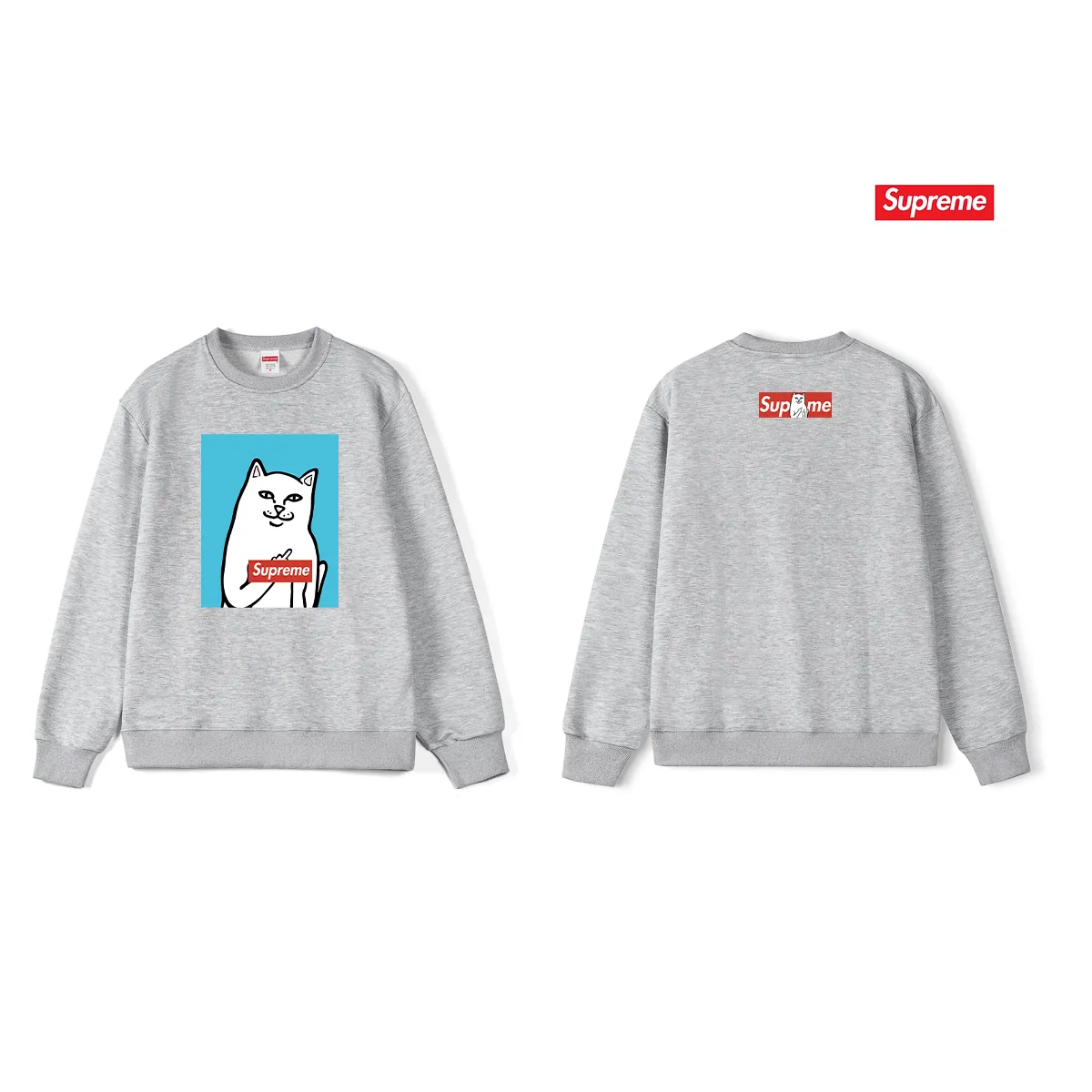 Style No. S1232 #terry p150💰 plus fleece 160💰 Sup spoof the little mean cat middle finger trendy brand round neck sweatshirt. Made of 400 grams of large terry (drop shoulder large version) fabric. The texture is soft and non-pilling. Imported environmentally friendly printing glue. The pattern is bright and three-dimensional. The quality is 💥same for men and women. The upper body is trendy. Color: black white gray Size: S M L XL XXL