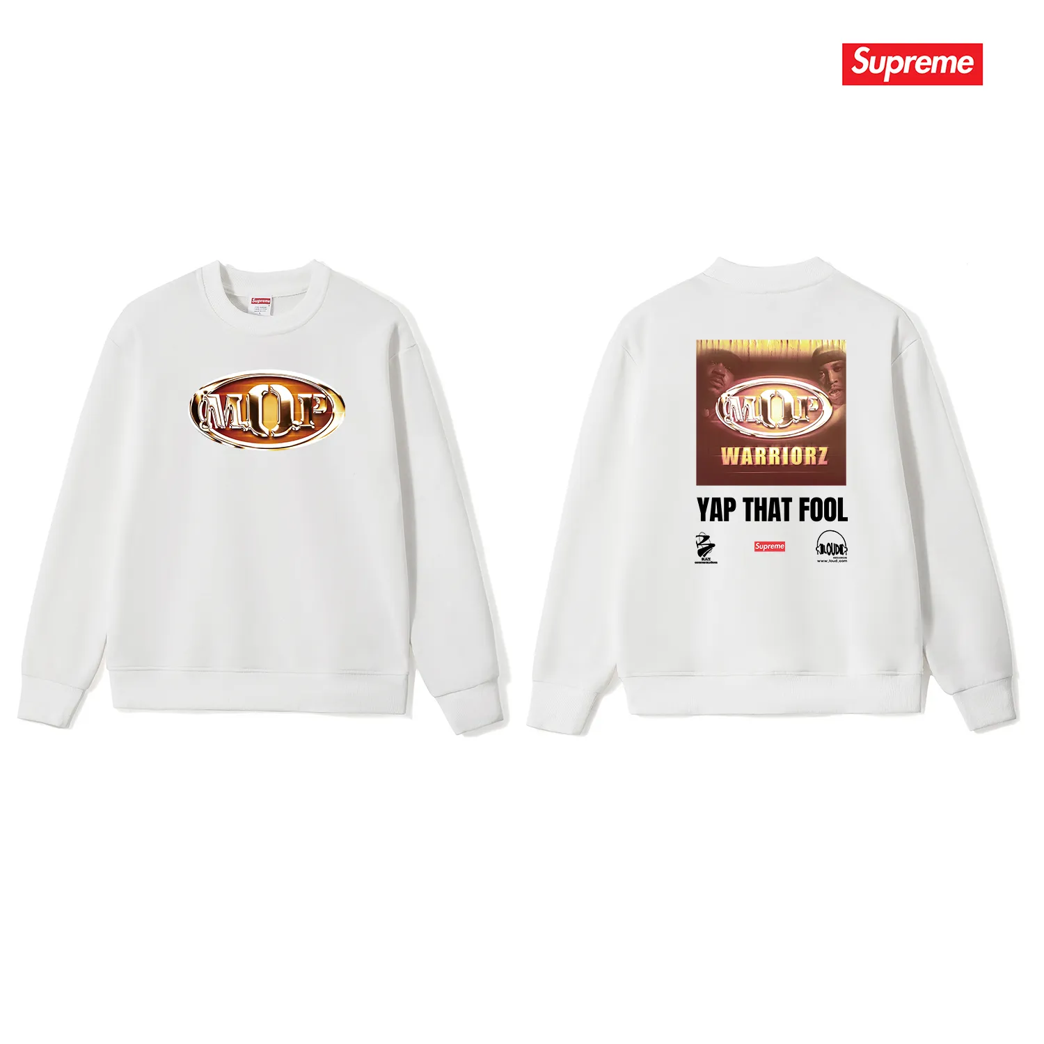 Style No. S1231 #terry p150💰 Velvet 160💰 Supreme 24FW MOP Hooded rap group co-branded round-neck sweatshirt Made of 400 grams of large terry (drop shoulder large version) fabric, soft and non-pilling texture, imported environmentally friendly printing glue, bright and three-dimensional pattern, quality 💥unisex style, trendy upper body, color: black, white, gray, size: S M L XL XXL
