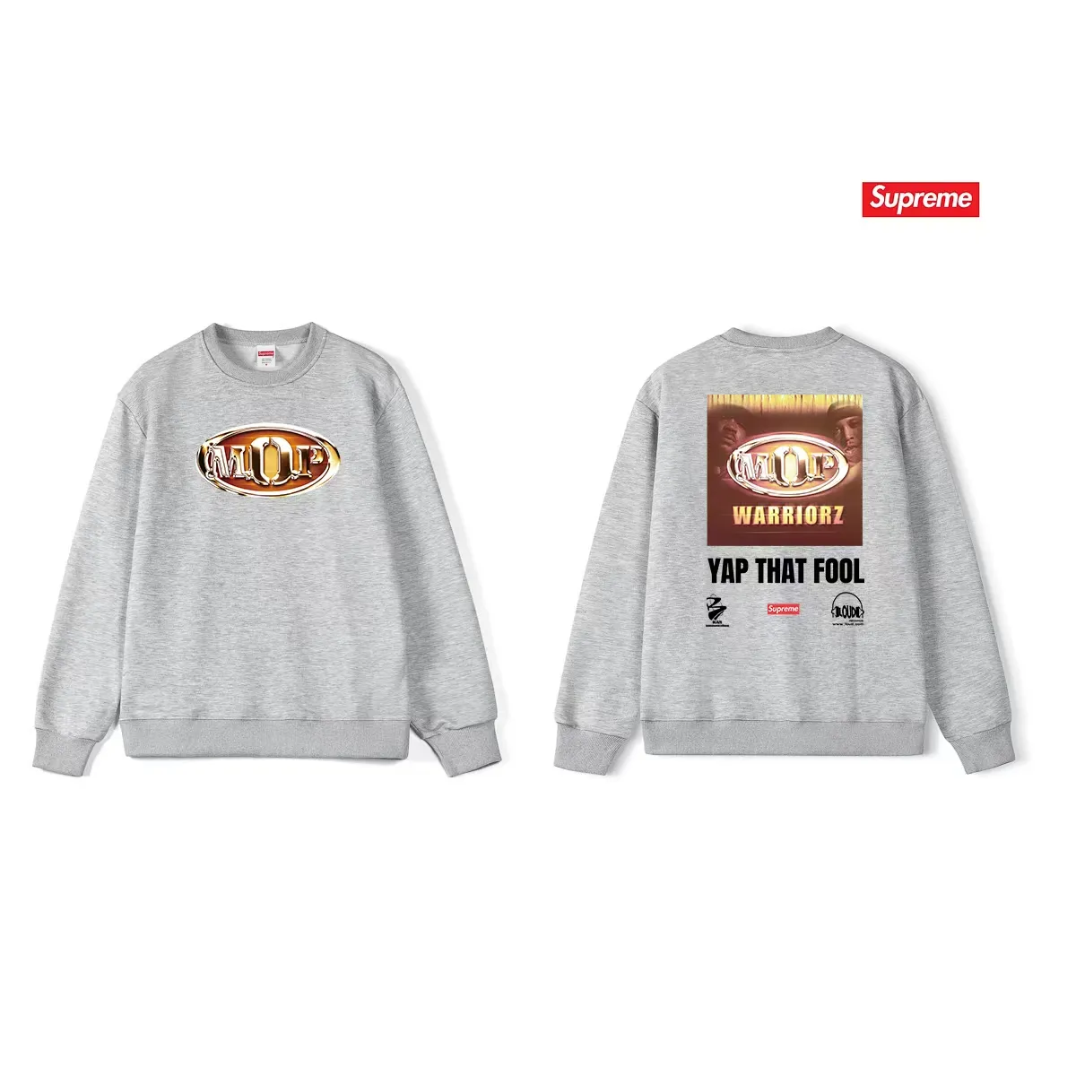 Style No. S1231 #terry p150💰 Velvet 160💰 Supreme 24FW MOP Hooded rap group co-branded round-neck sweatshirt Made of 400 grams of large terry (drop shoulder large version) fabric, soft and non-pilling texture, imported environmentally friendly printing glue, bright and three-dimensional pattern, quality 💥unisex style, trendy upper body, color: black, white, gray, size: S M L XL XXL